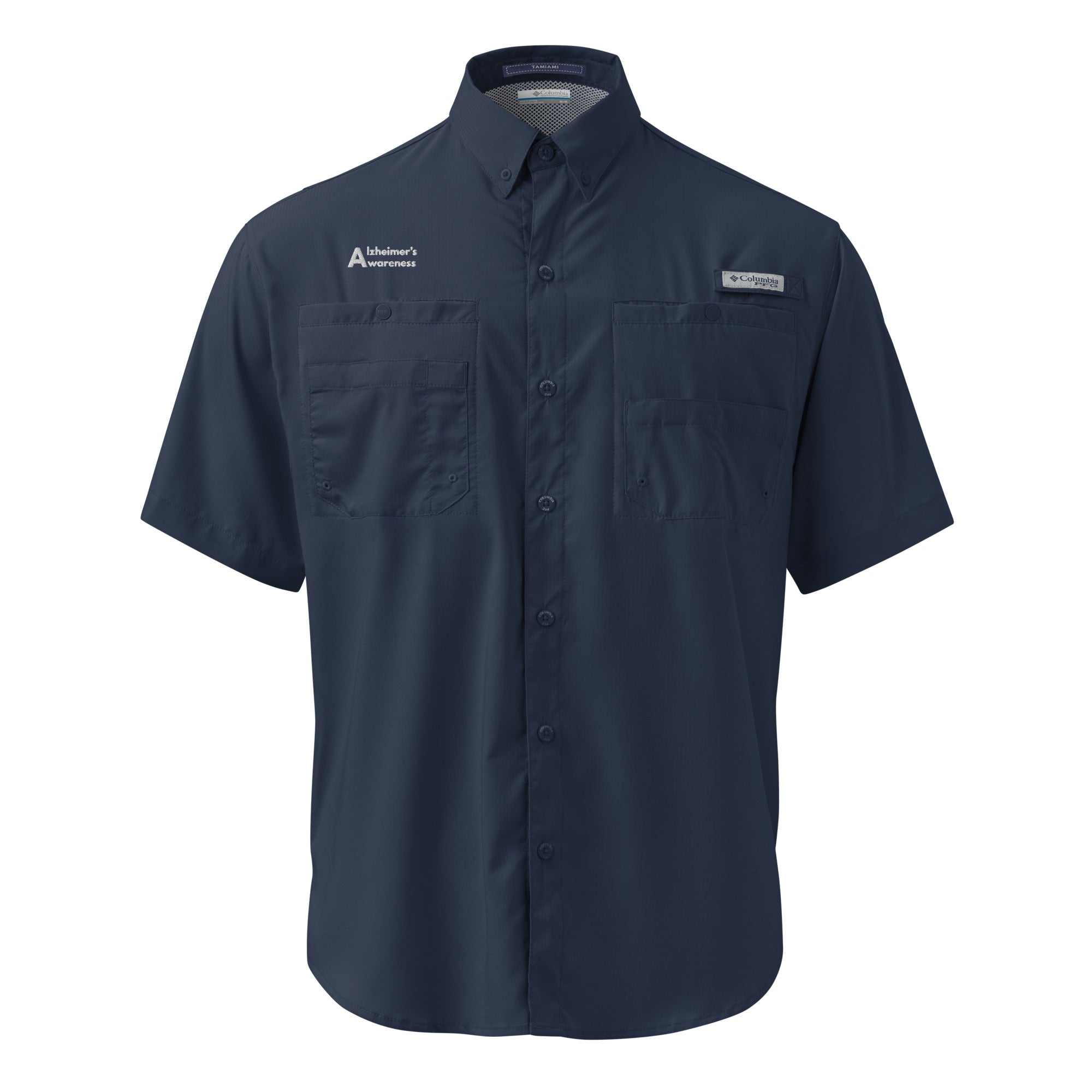 Navy blue Columbia short sleeve button down shirt with Alzheimer's Awareness logo and two chest pockets