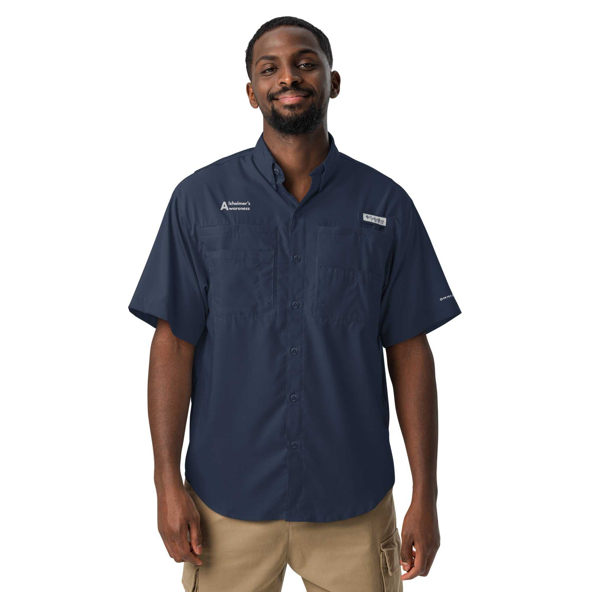 Man wearing a navy blue Columbia Alzheimer’s Awareness short sleeve button down shirt