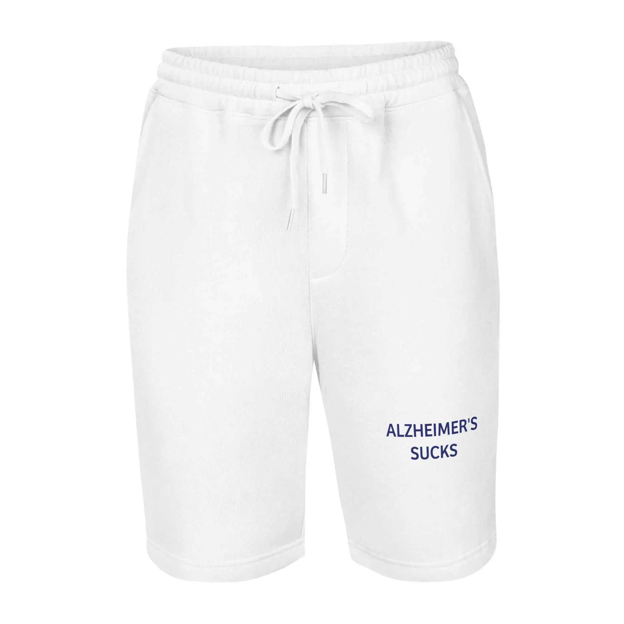 White mens fleece shorts with drawstring waist and Alzheimers Sucks text printed on the leg