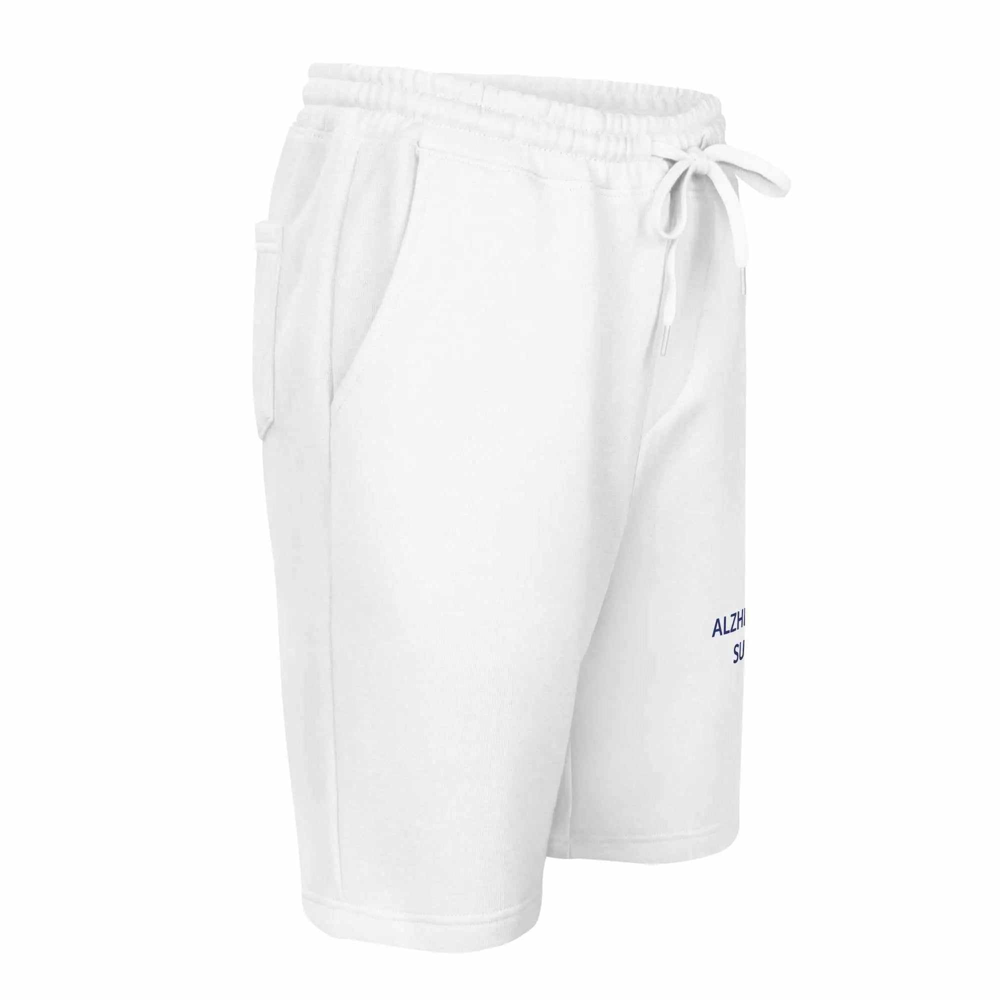 White mens fleece shorts with drawstring waist and Alzheimer Sucks text on the leg