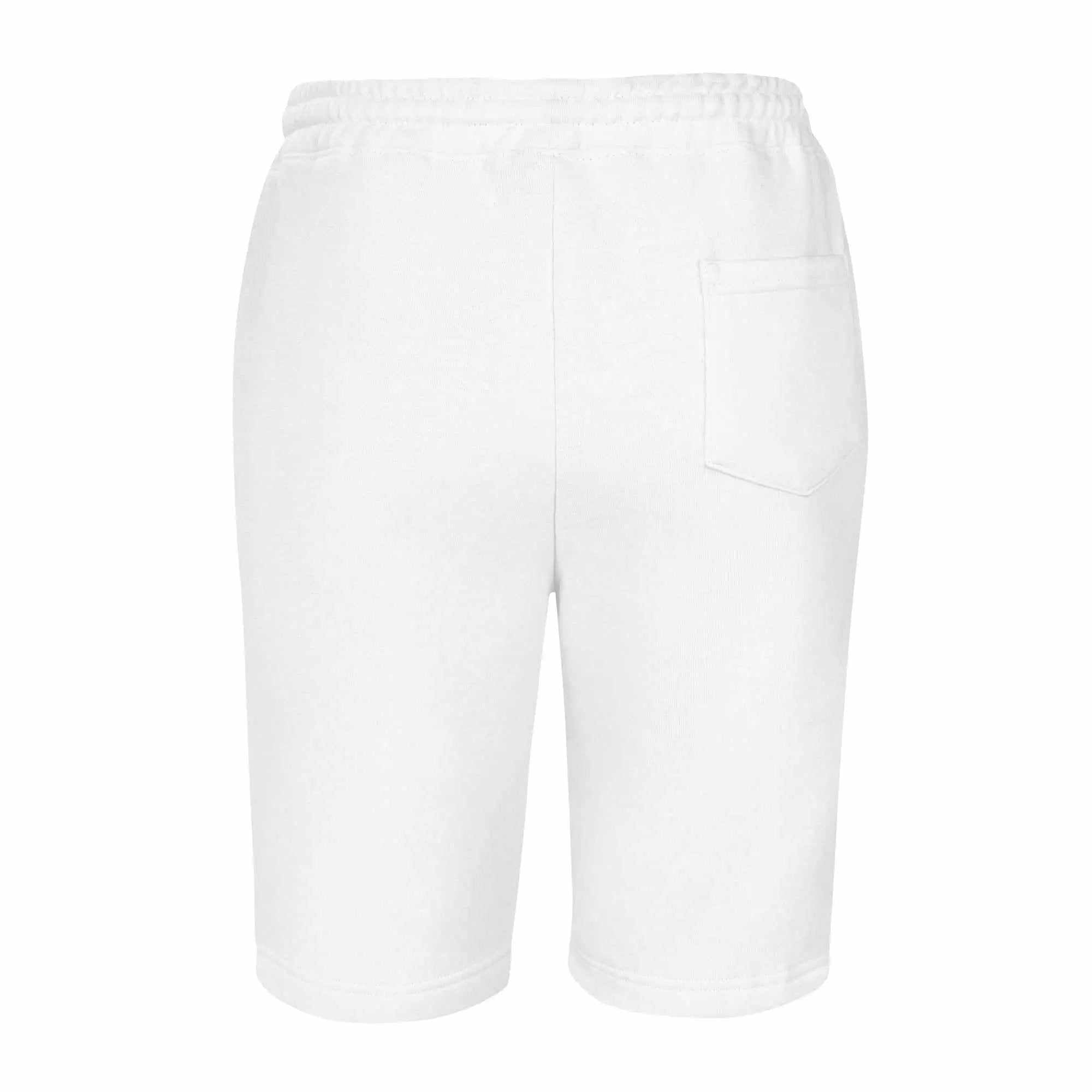 Back view of white mens fleece shorts with an elastic waistband and a single back pocket