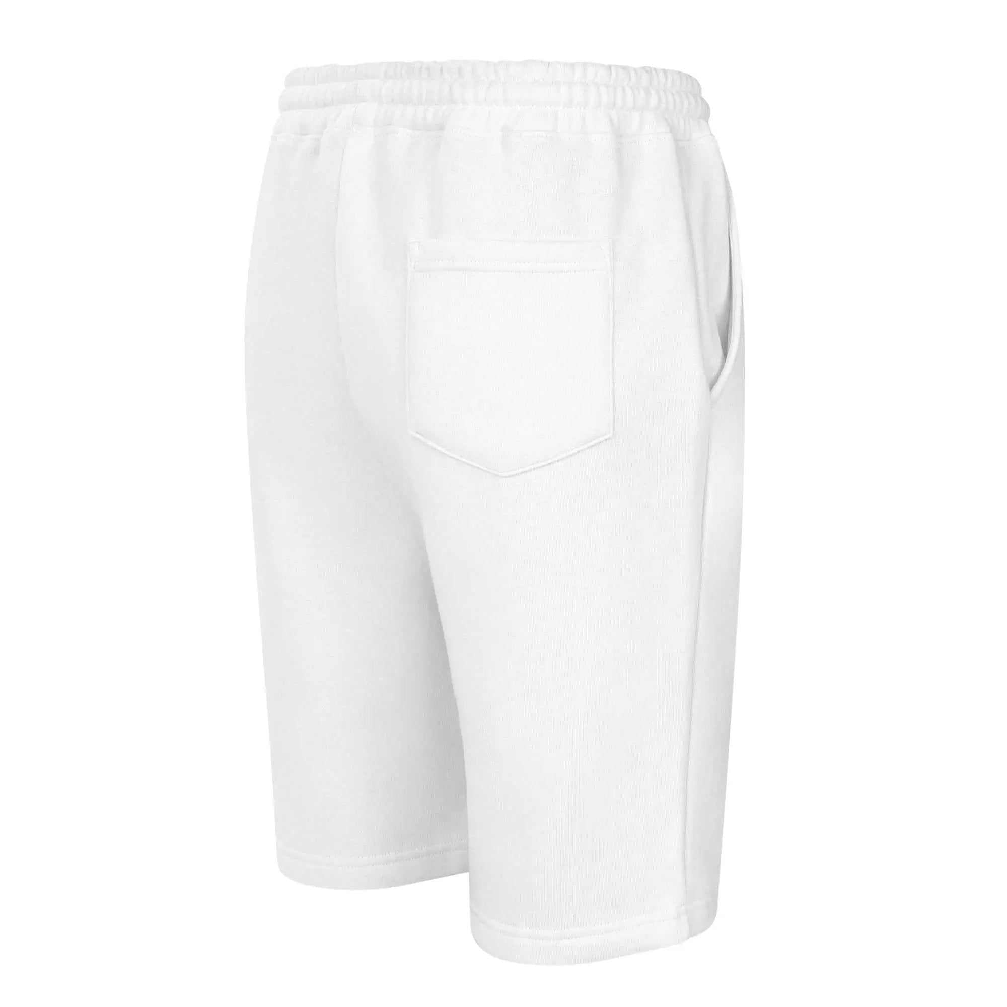 Back view of white mens fleece shorts with elastic waistband and back pocket