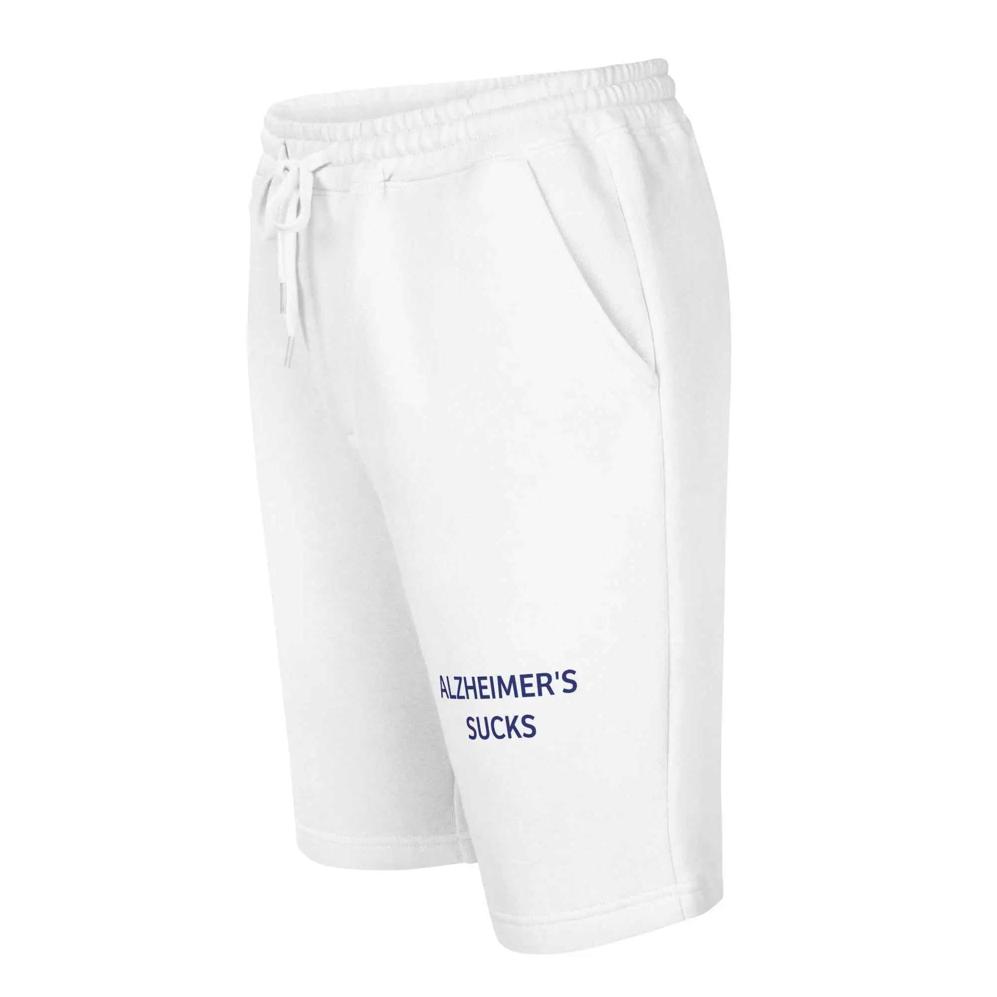 White mens fleece shorts with Alzheimers Sucks text printed on the leg