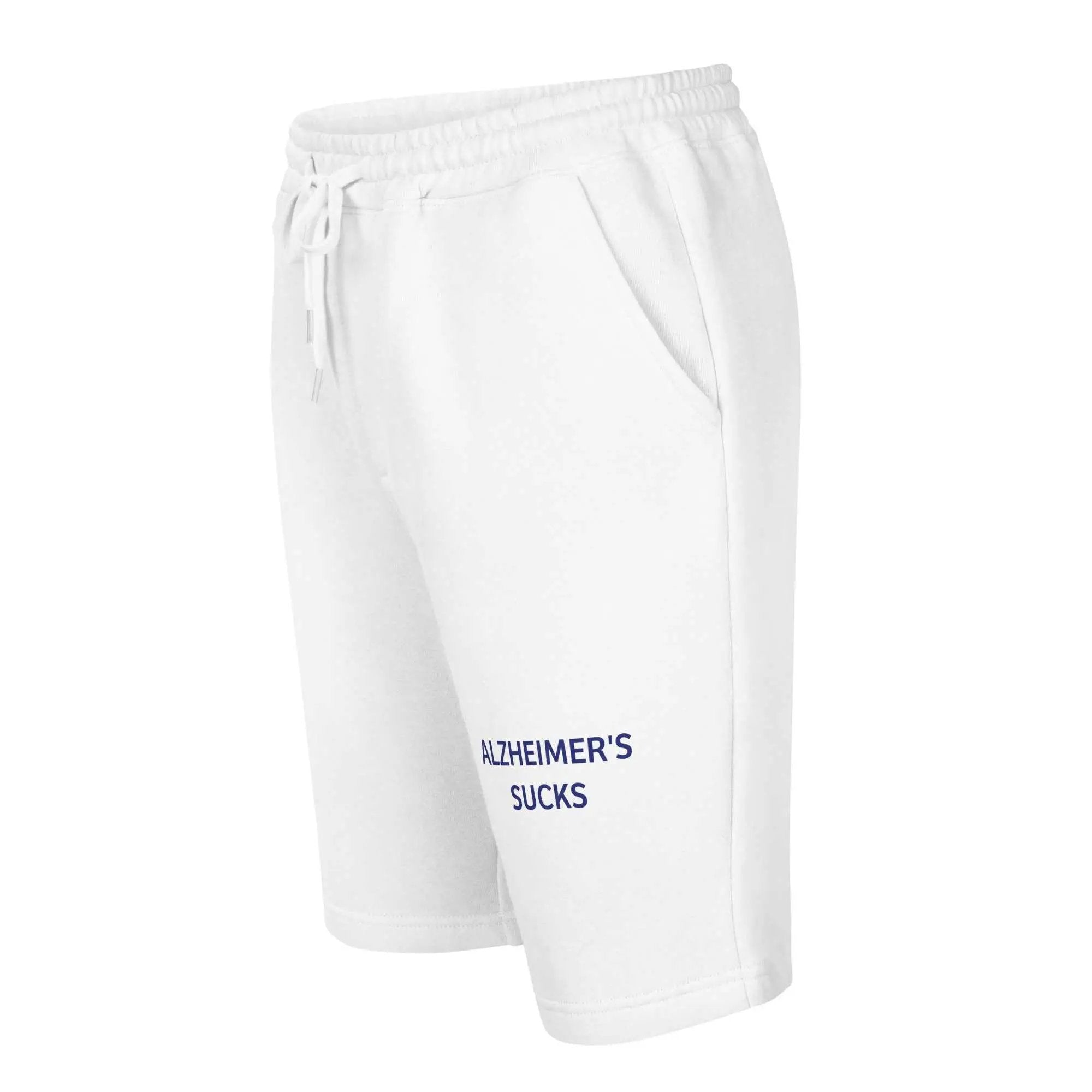 Men's fleece shorts featuring the "Alzheimer's Sucks" slogan, styled for comfort and awareness, by Greg's AZ Store.