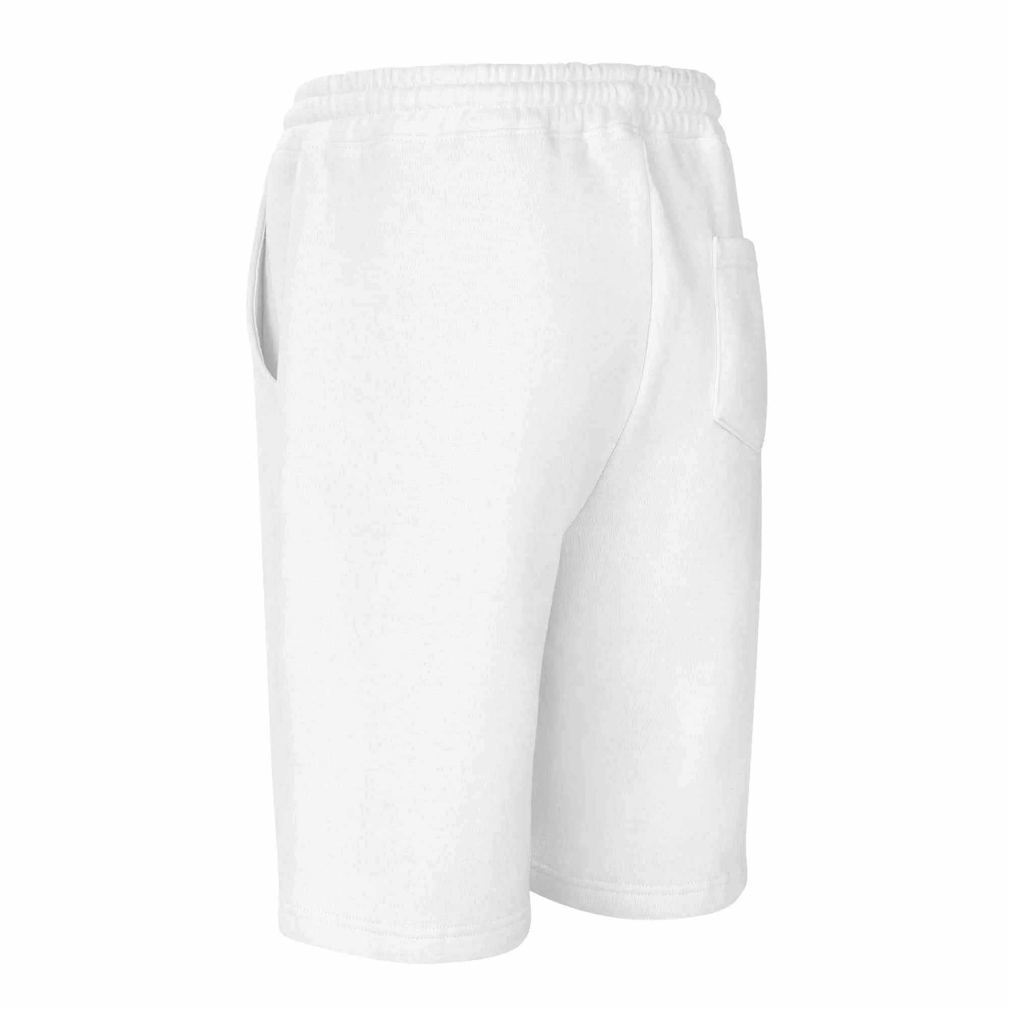 Back view of white mens fleece shorts with elastic waistband and back pocket