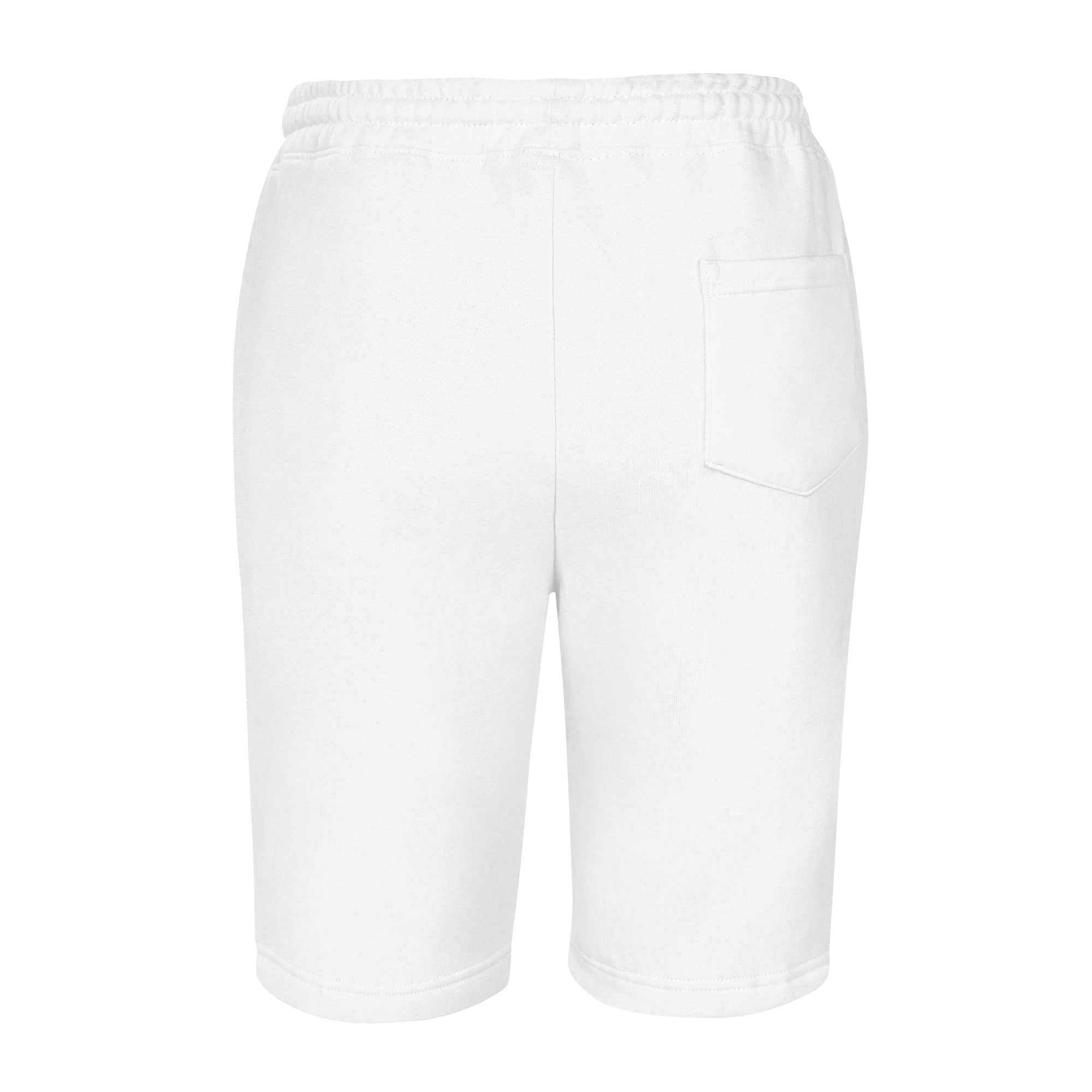 Back view of white fleece shorts for caregivers with elastic waistband and single back pocket
