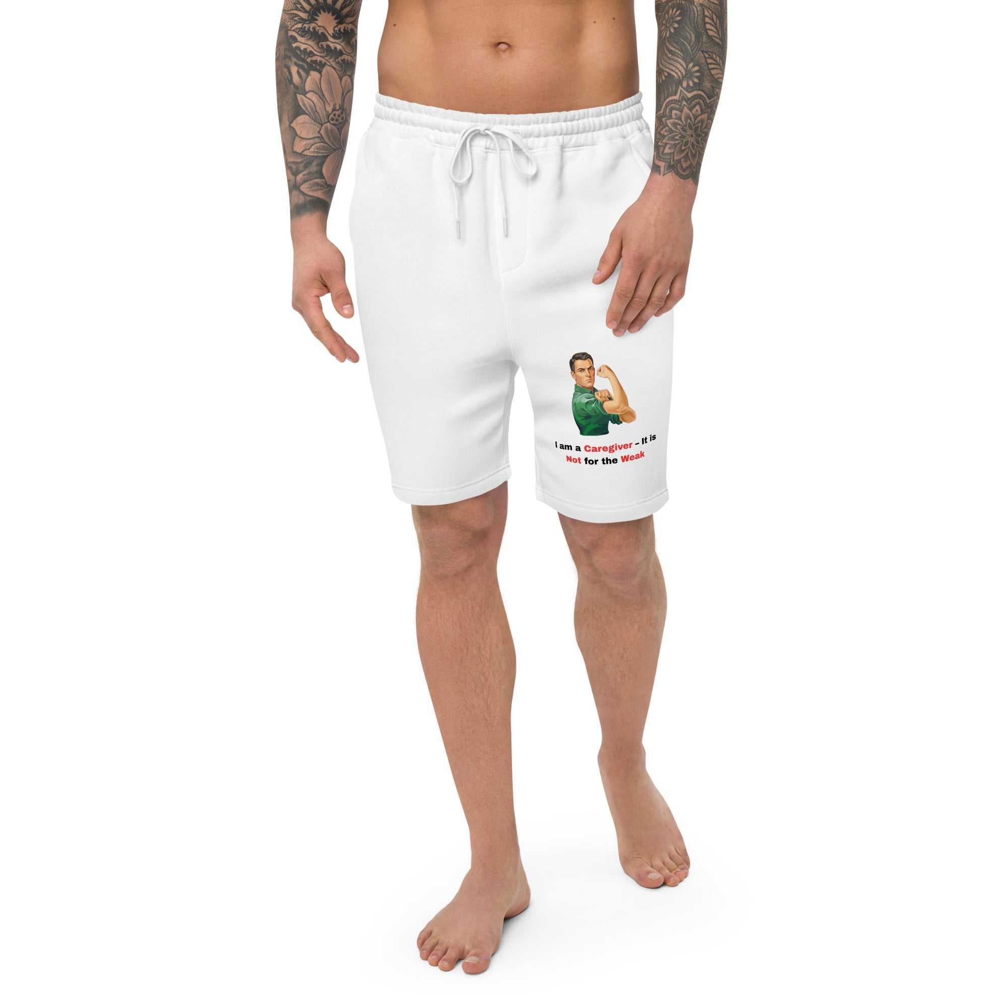 White fleece shorts for men with a vintage caregiver graphic and text on the leg