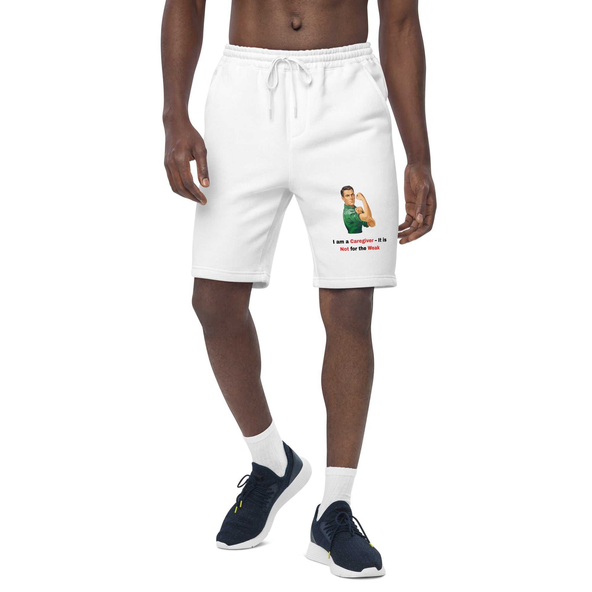 White fleece shorts for caregivers with vintage graphic and text on the leg