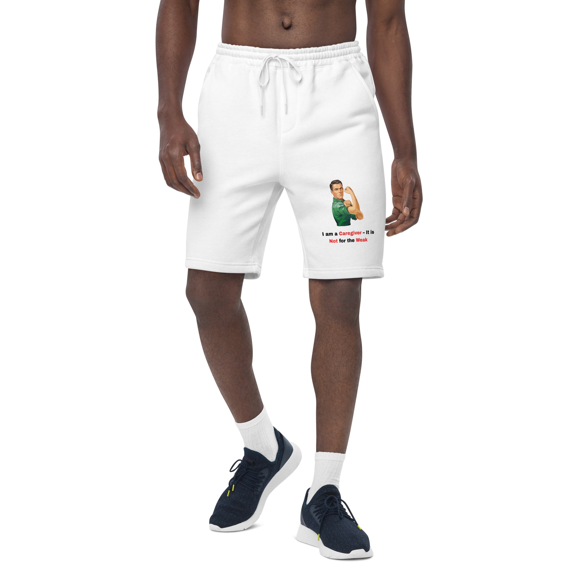 Men's fleece shorts in white with a vintage illustration, featuring an elastic waistband and side pockets.