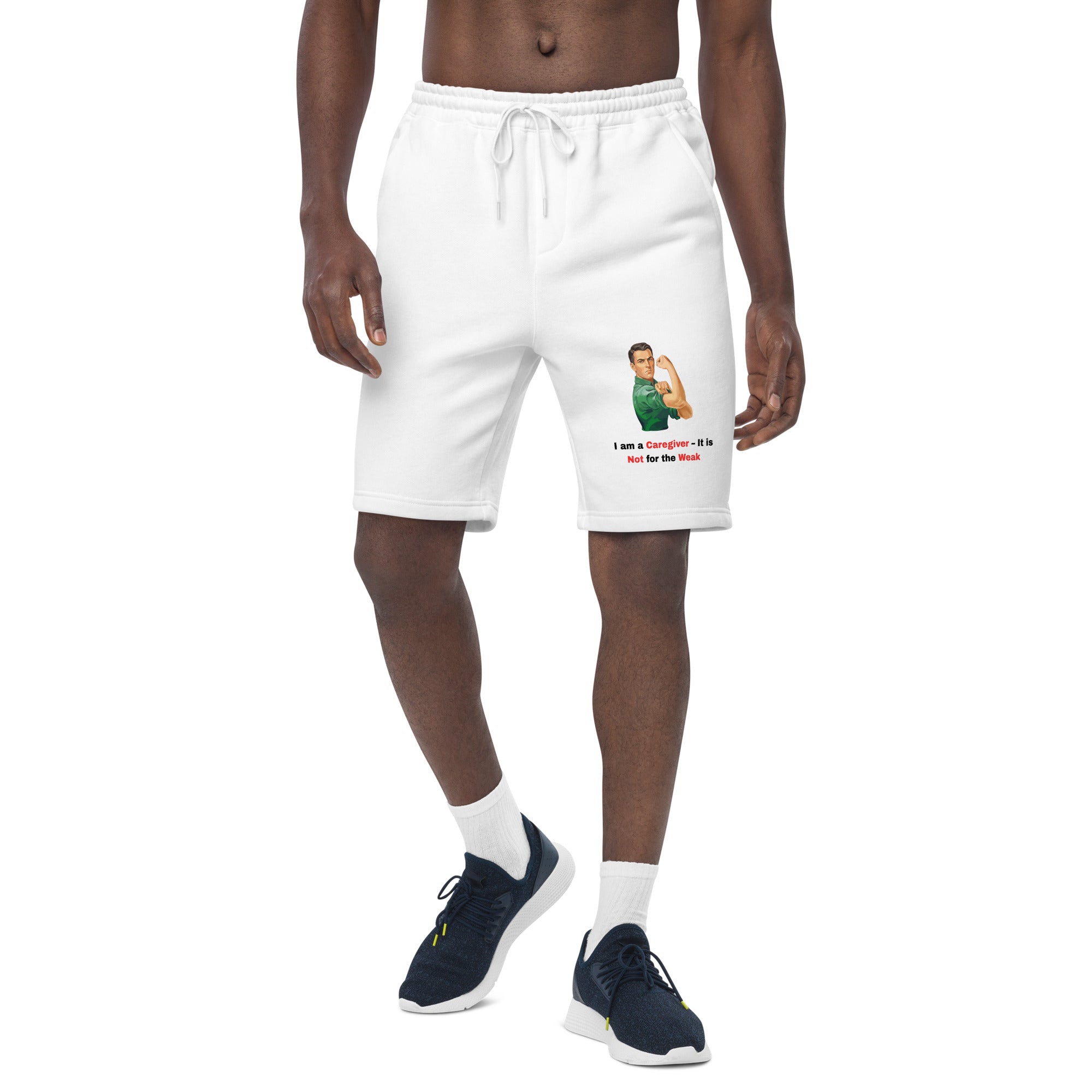 Men's fleece shorts in white with a vintage illustration, featuring an elastic waistband and side pockets.