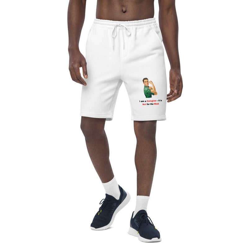Men's fleece shorts in white with a vintage illustration, featuring an elastic waistband and side pockets.