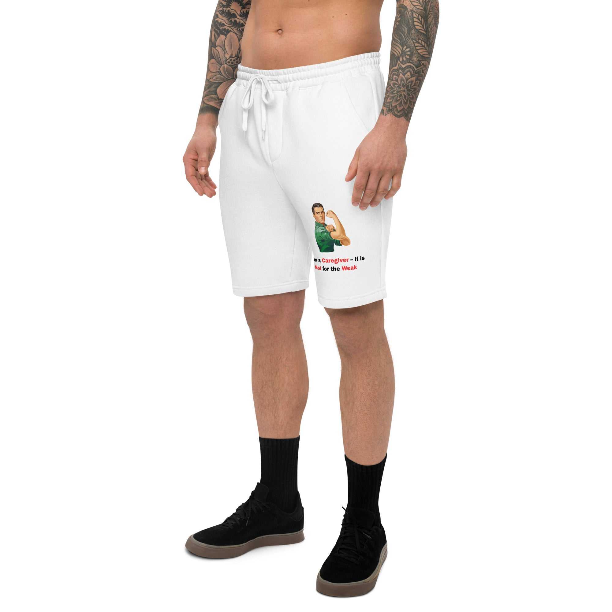 White fleece shorts for caregivers featuring a vintage style graphic of a man flexing his bicep