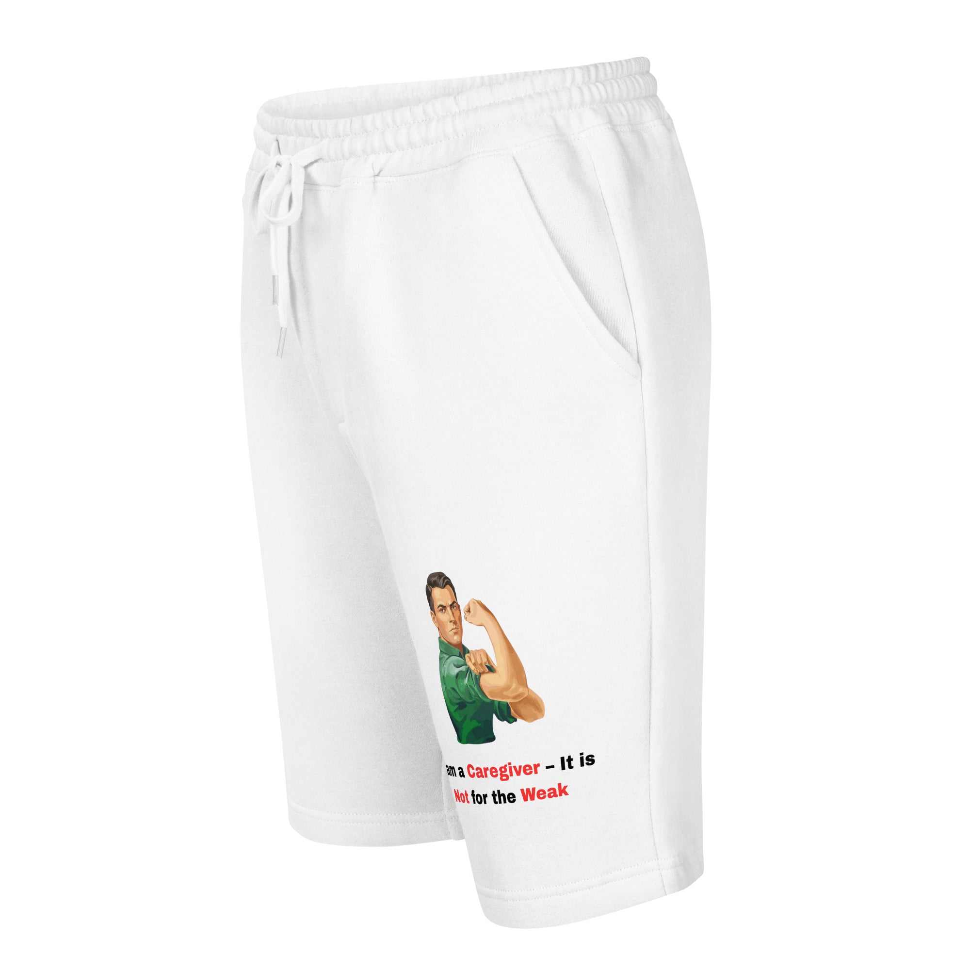 White fleece shorts for caregivers with a vintage graphic of a man flexing his bicep