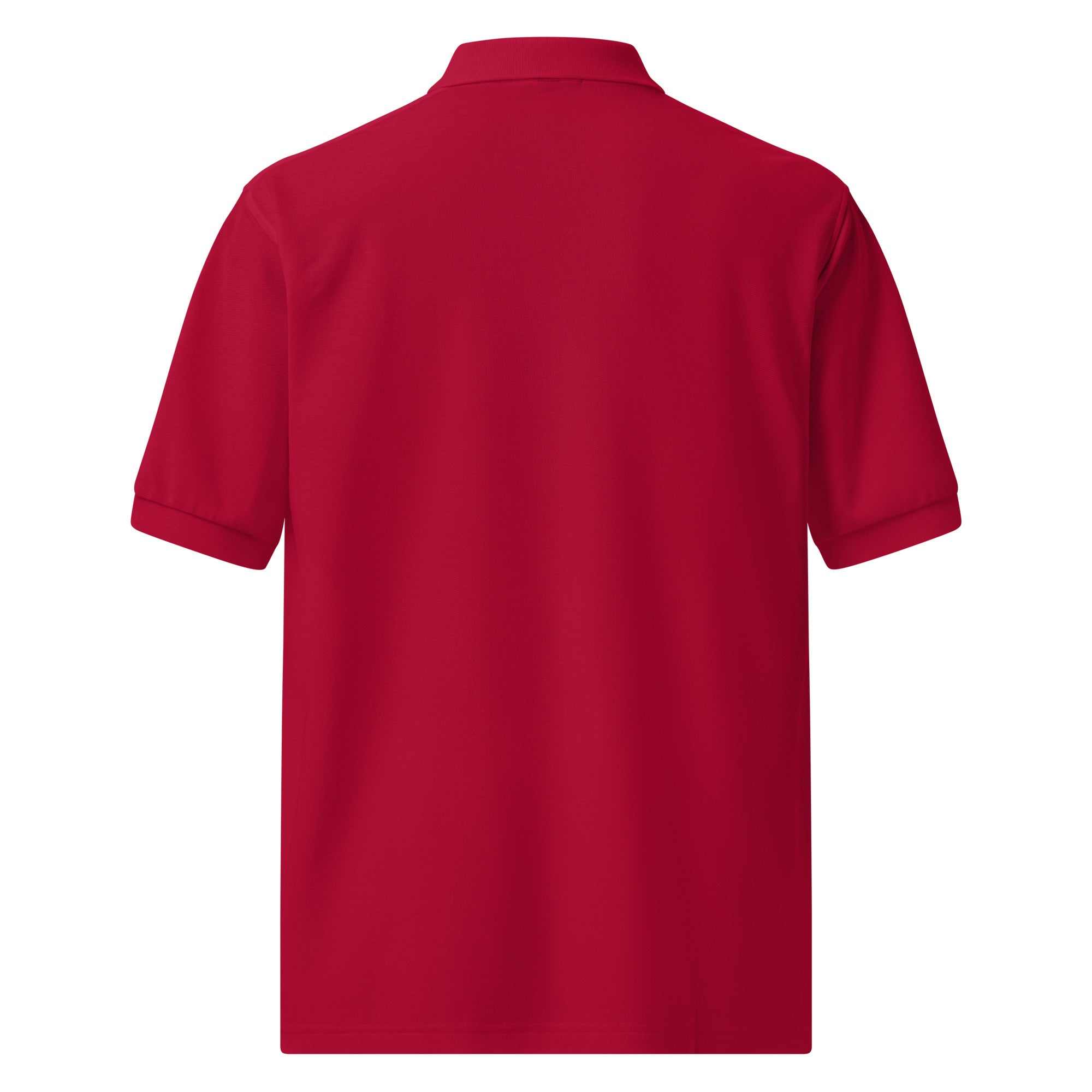 Back view of red Mens Premium Caregiver Polo shirt