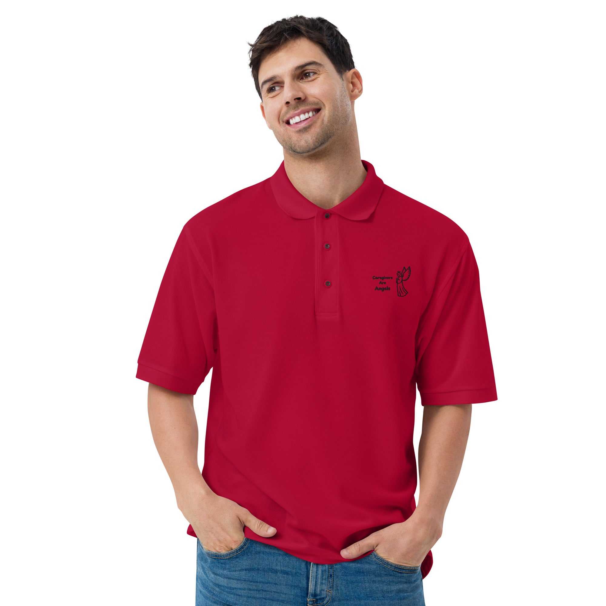 Man wearing red premium caregiver polo with black angel graphic and text Caregivers Are Angels