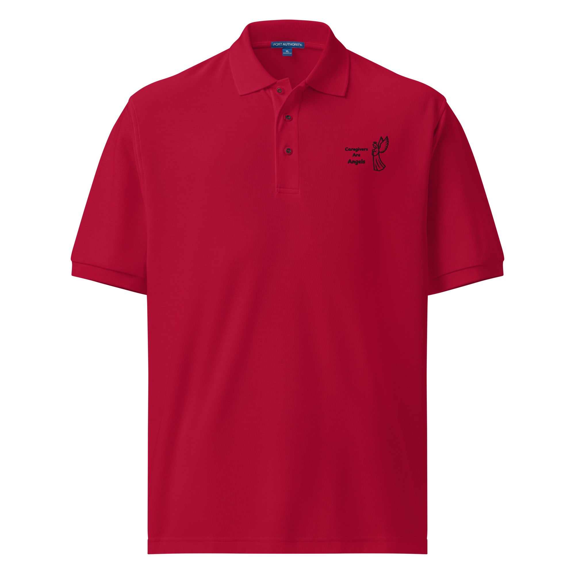Red Mens Premium Caregiver polo shirt with black angel graphic and Caregivers Are Angels text on chest