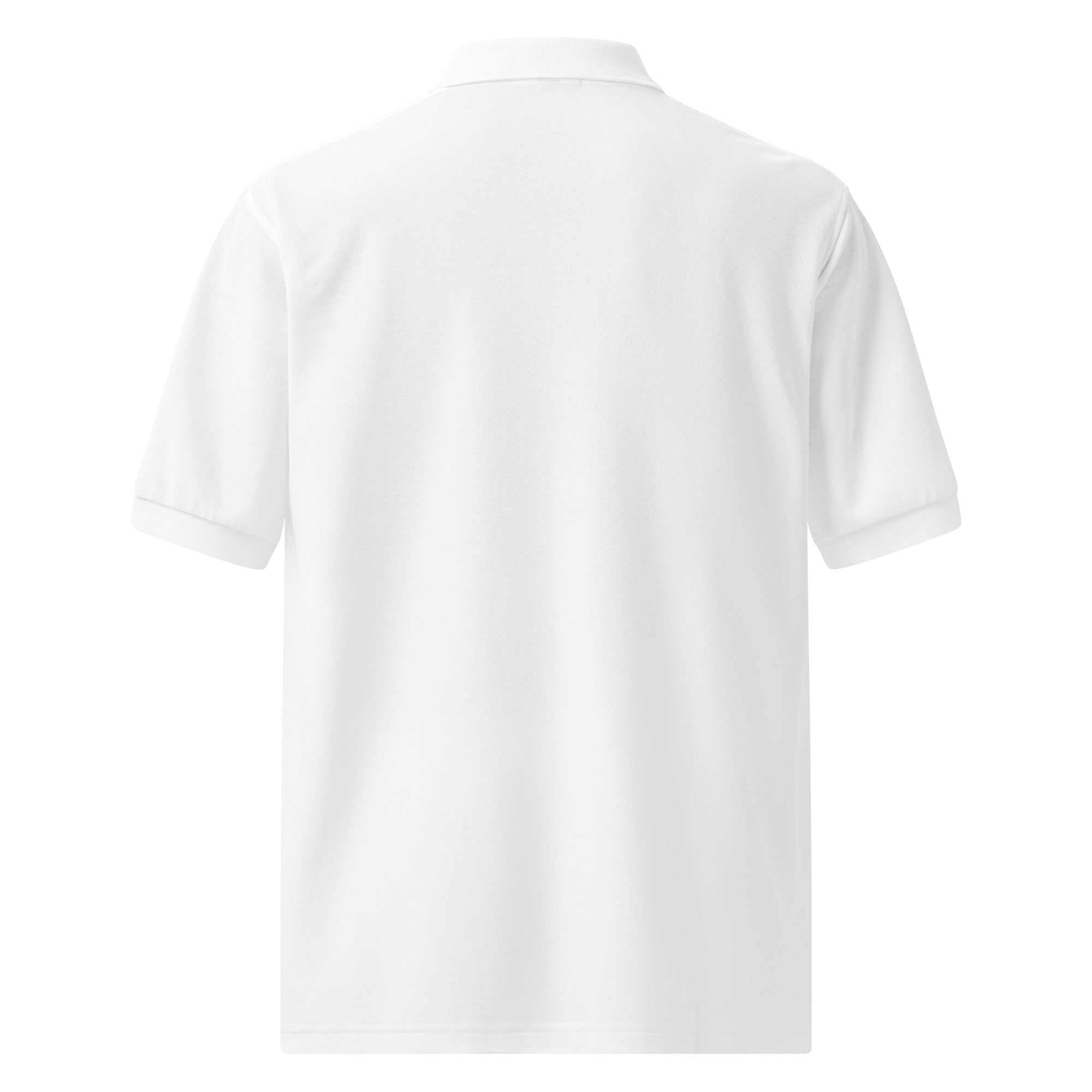 Back view of a plain white Greg Rowland Alzheimer's Research Report premium polo shirt