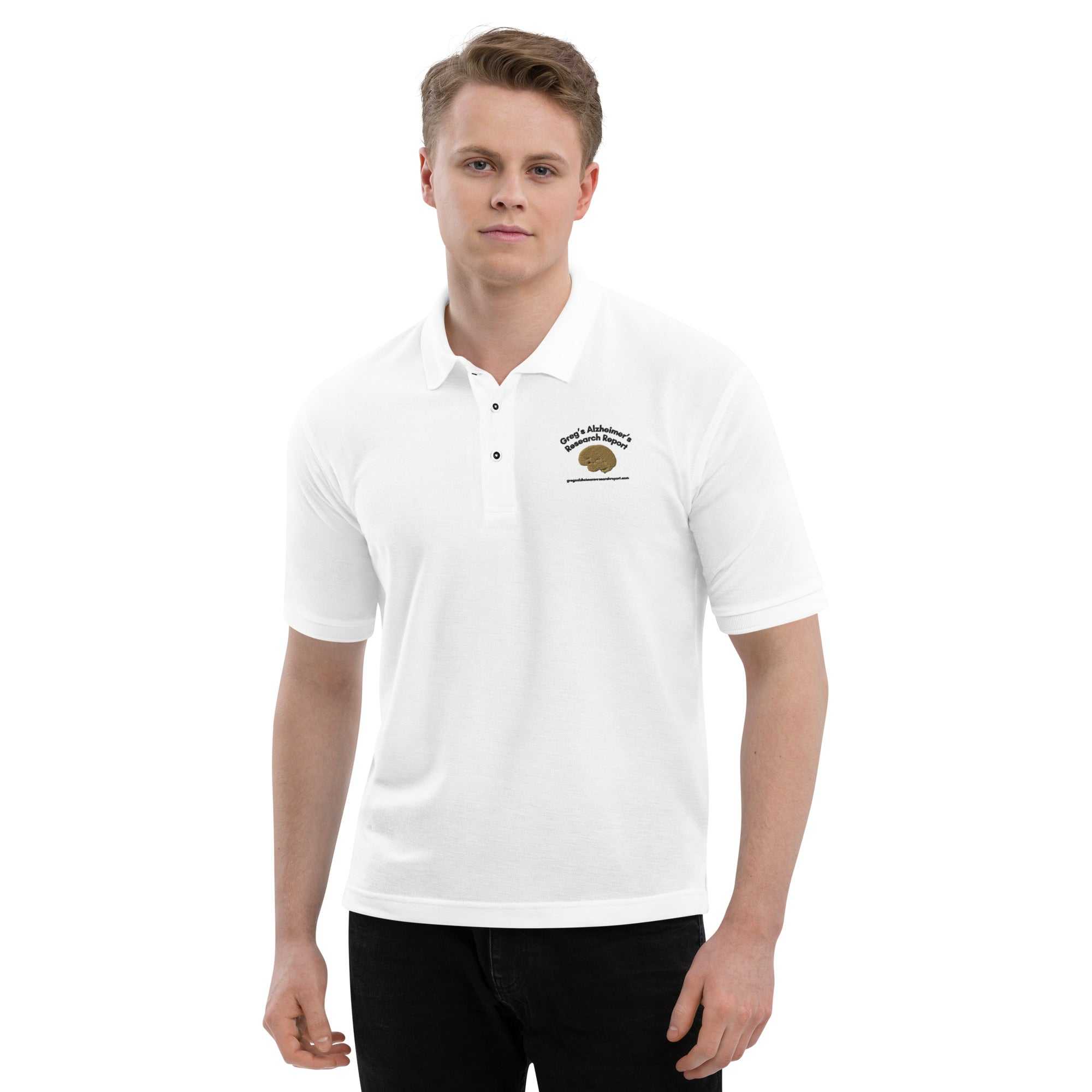 Men's premium polo shirt with Greg's Alzheimer's Research Report logo embroidered on left chest