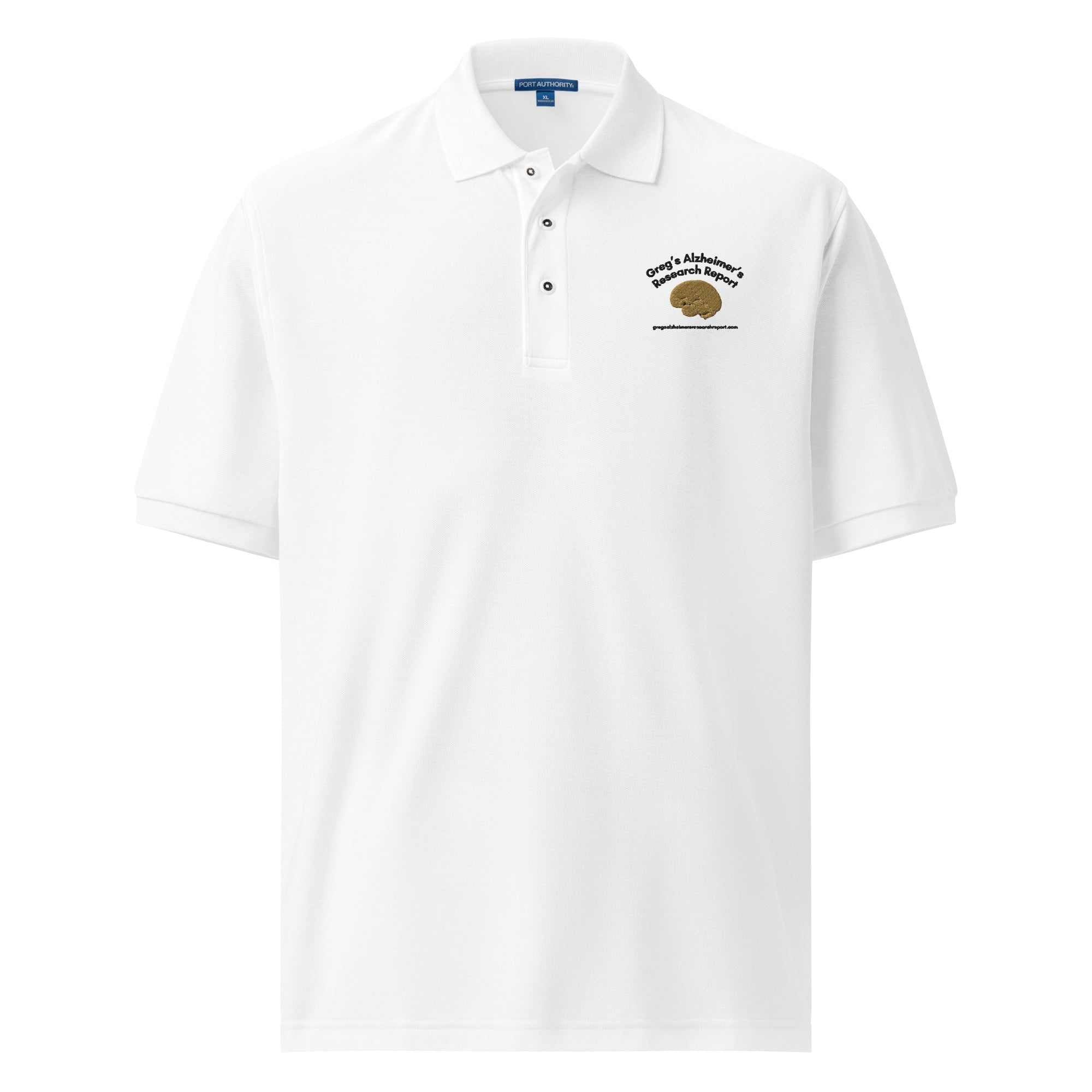 White Greg Rowlands Alzheimers Research Report premium polo shirt with logo on chest