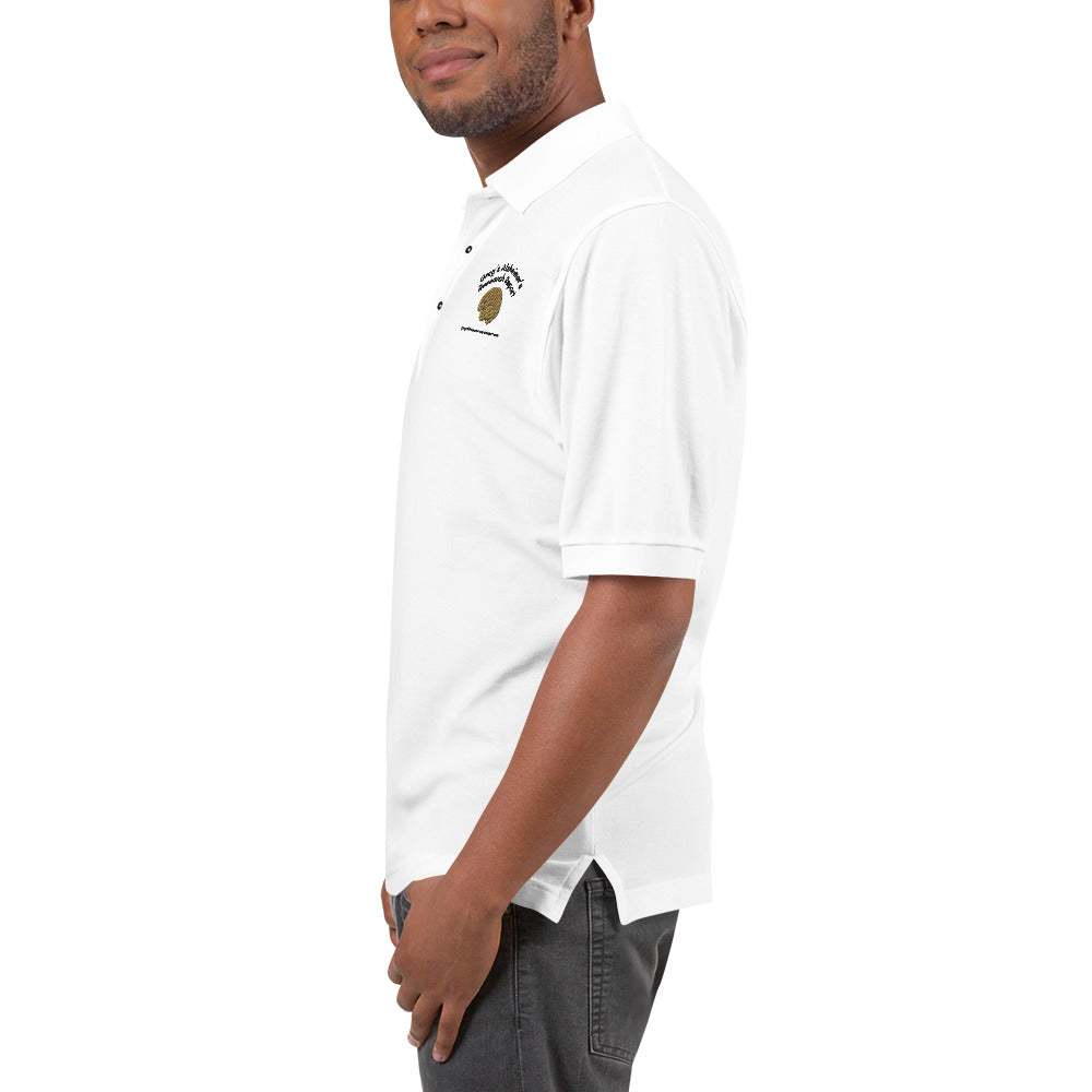 Man wearing a white Greg Rowland Alzheimer's Research Report premium polo shirt with a circular logo on the chest