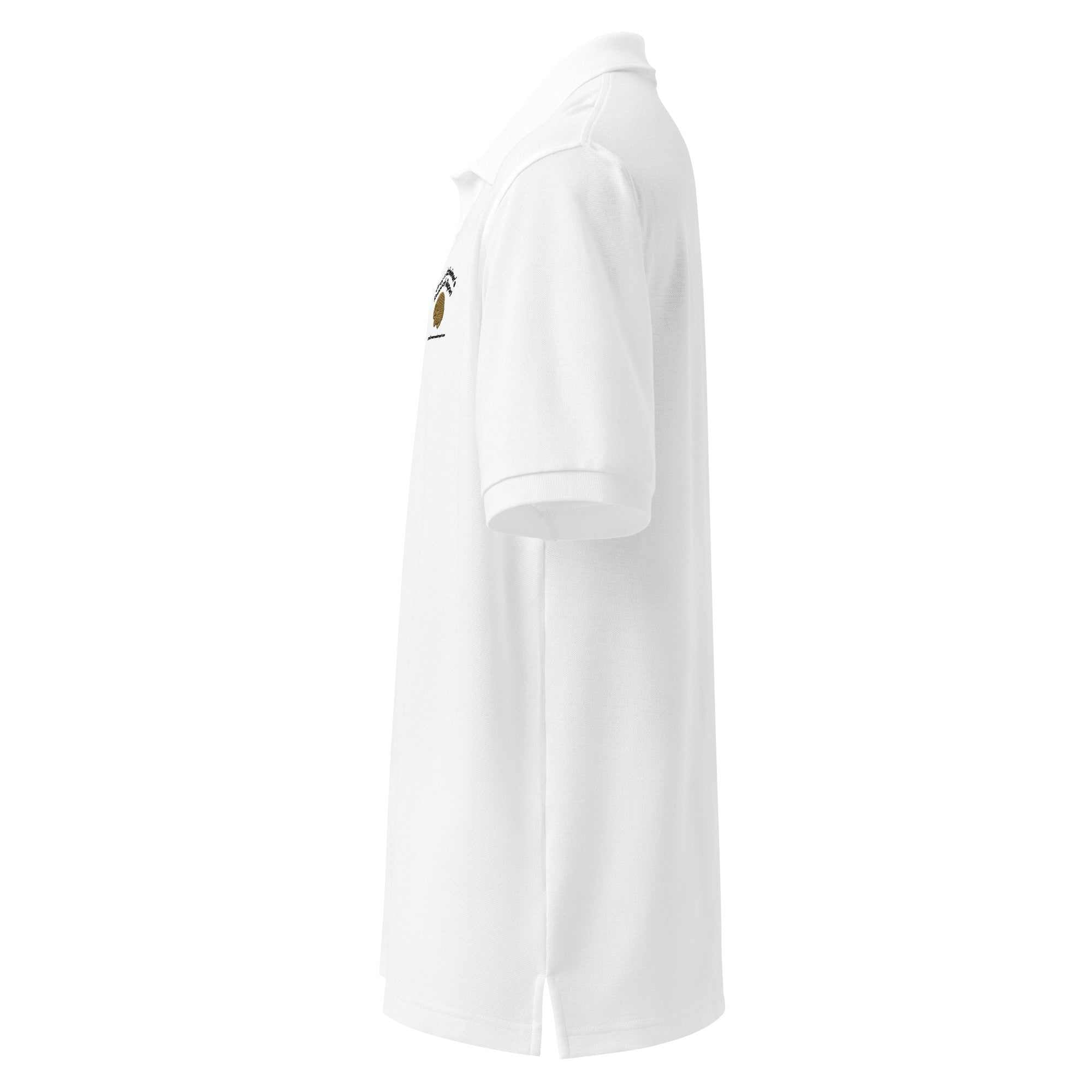 Side view of white Greg Rowland Alzheimer's Research Report premium polo shirt