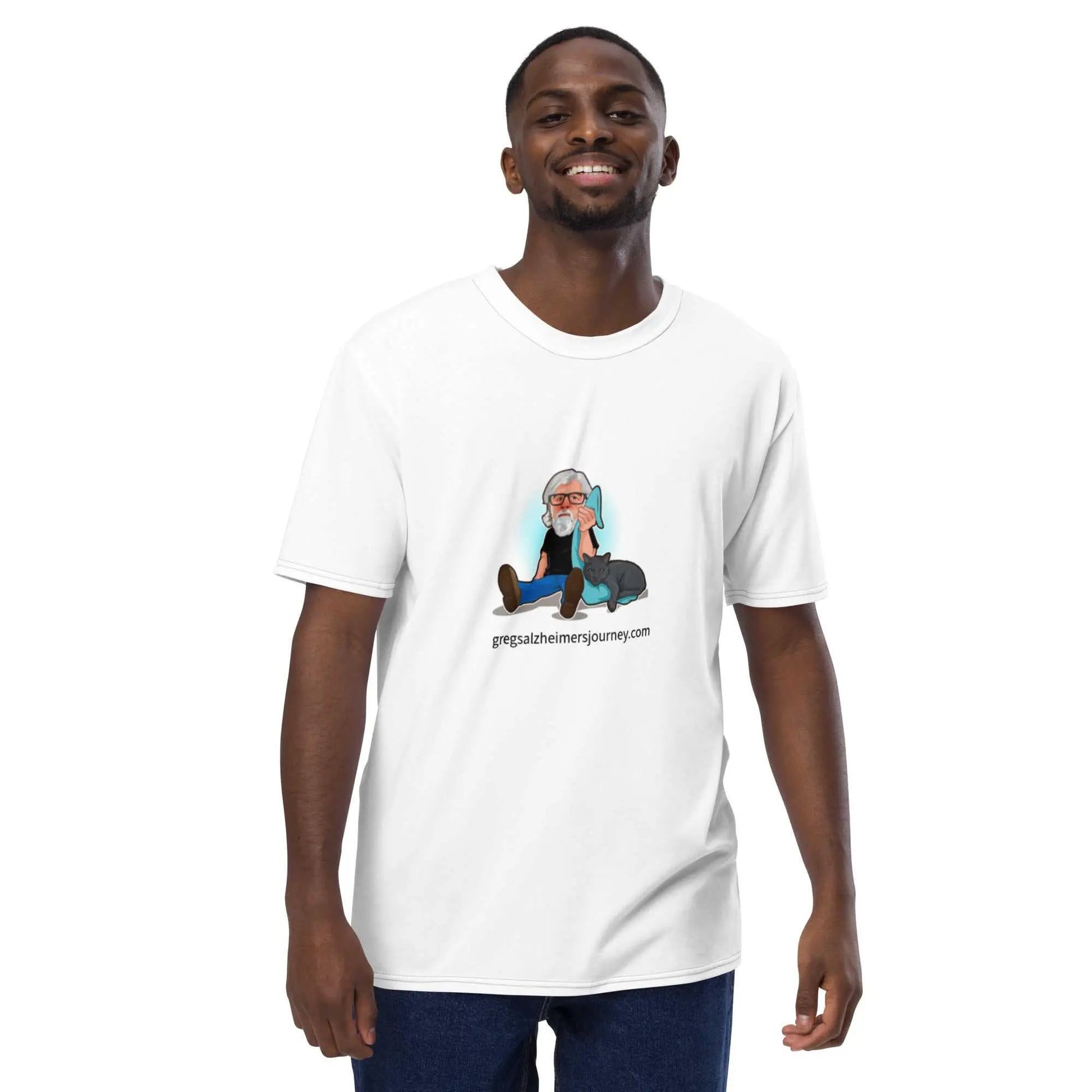 Men's T-shirt featuring The Cat Man Signature Alzheimer's Awareness logo by Greg's AZ Store, casual cotton tee with cat graphic.