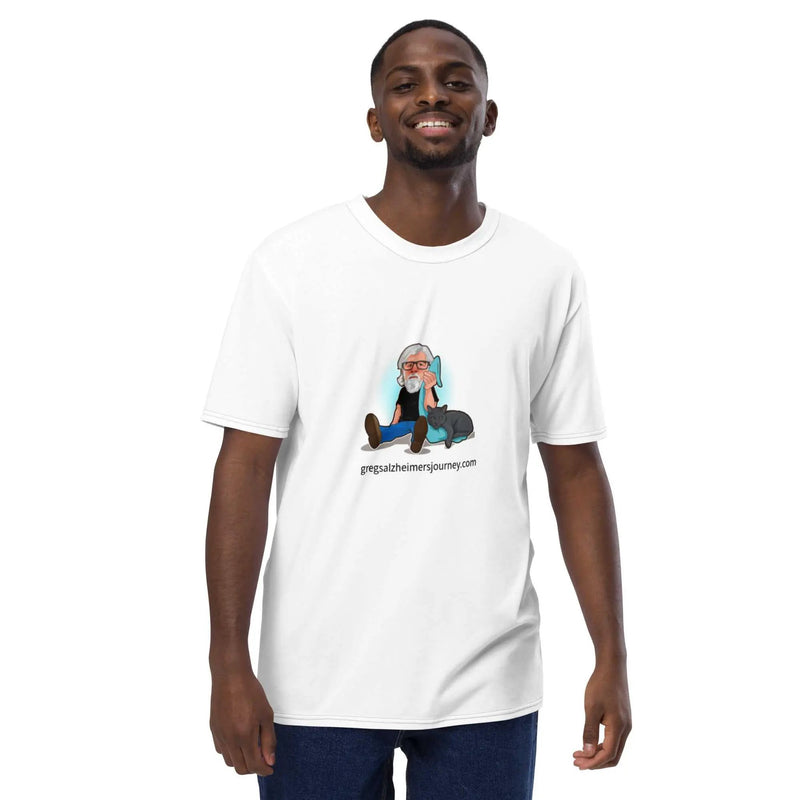 Men's T-shirt featuring The Cat Man Signature Alzheimer's Awareness logo by Greg's AZ Store, casual cotton tee with cat graphic.