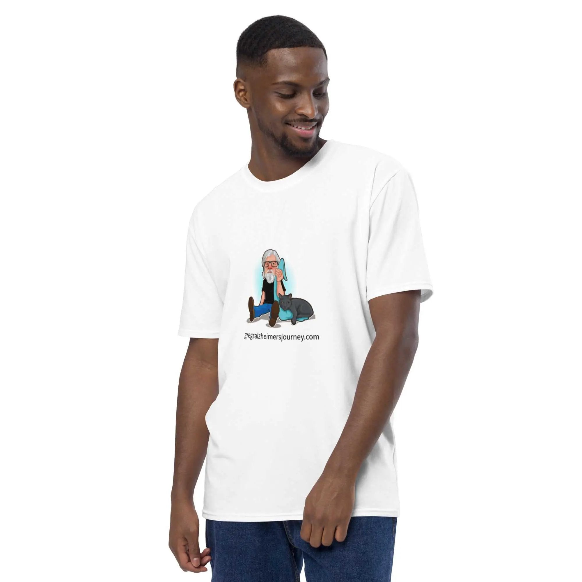 Men's T-shirt featuring The Cat Man signature Alzheimer's Awareness logo, casual fit, in black with colorful cat graphic.