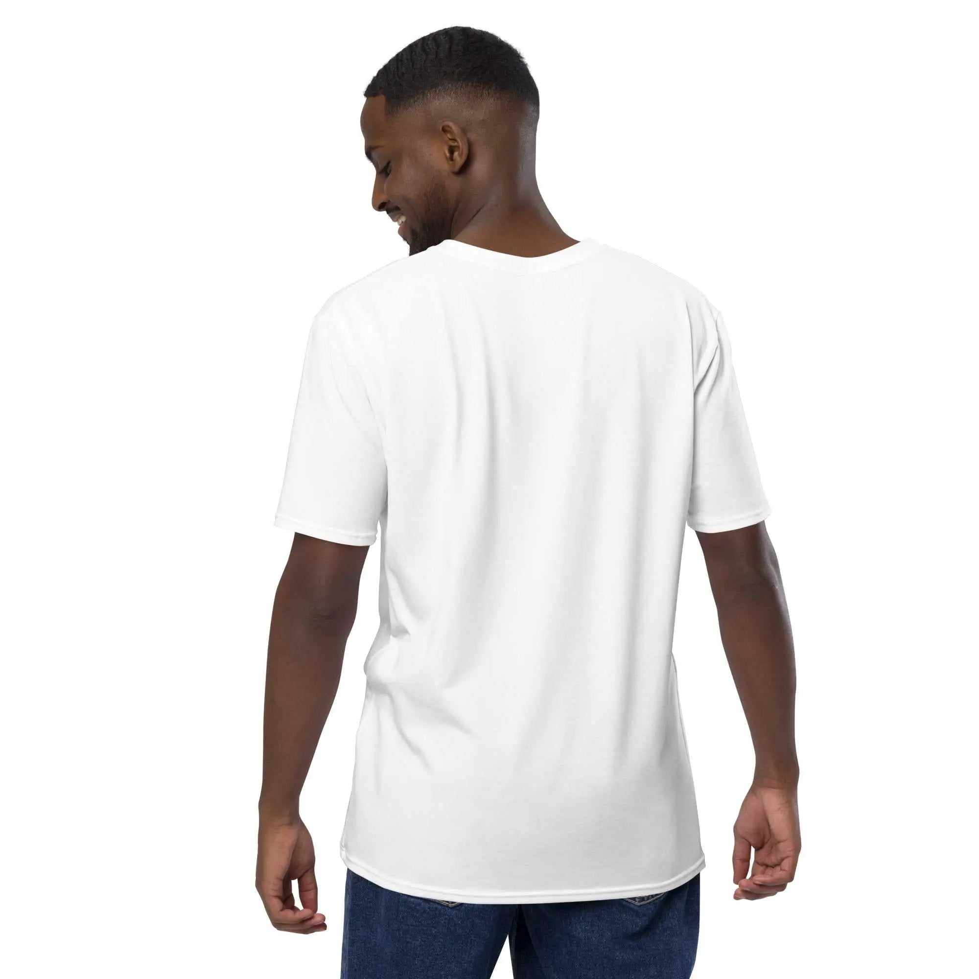 Men's T-shirt featuring The Cat Man Signature Alzheimer's Awareness logo, with a colorful cat graphic on the front.