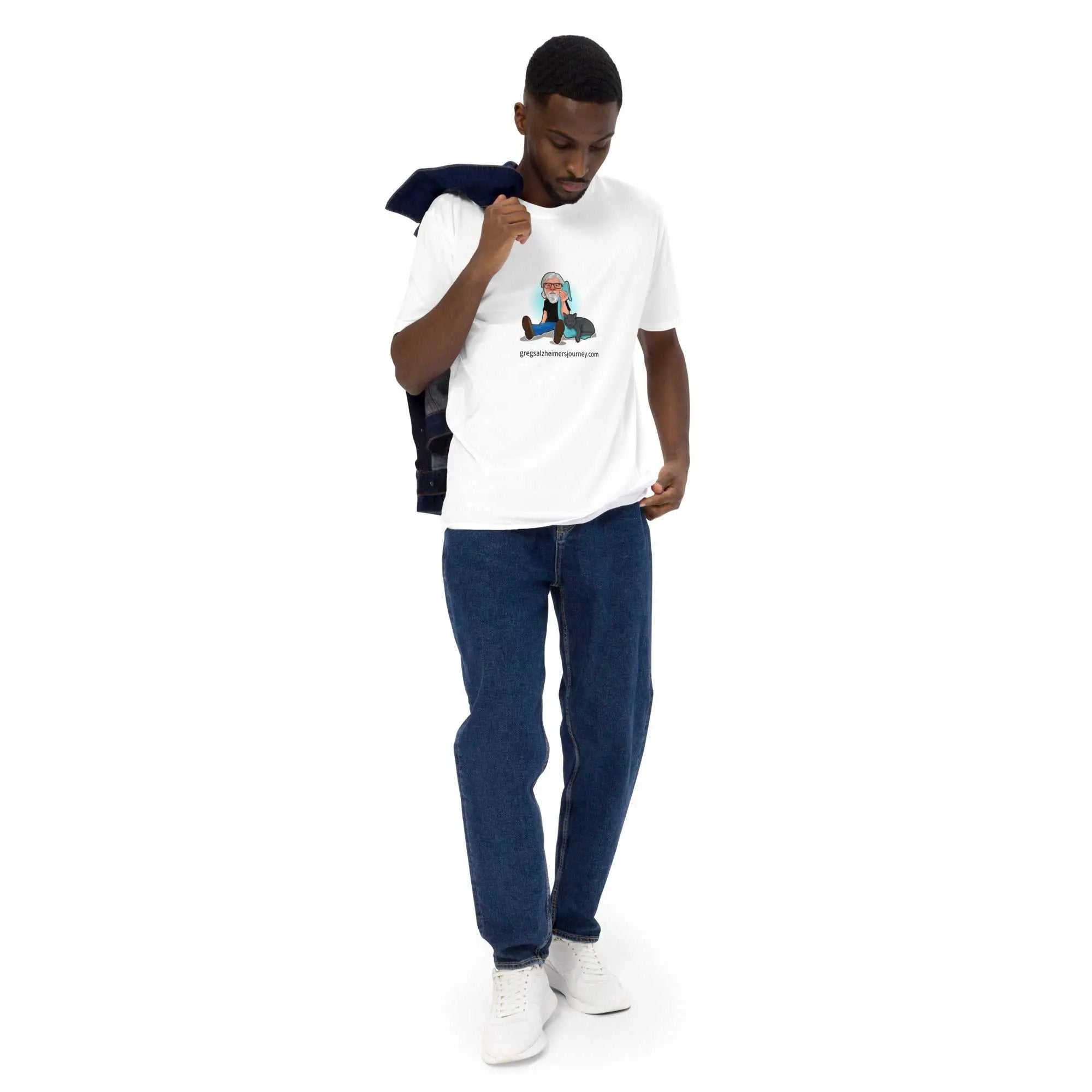 Men's T-shirt featuring The Cat Man signature Alzheimer's Awareness logo, in a casual fit with a playful cat graphic.