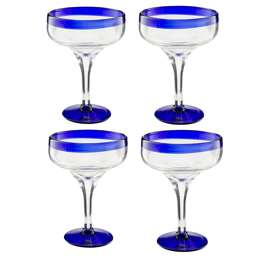 Mexican Hand Blown Glass – Set of 4 Large 16oz, Cobalt Blue Rim Line, Luxury Margarita & Cocktail Glasses, Mexico Design Large 16oz Cobalt Cinco de Mayo - The Wine Savant, Dishwasher Safe Glassware