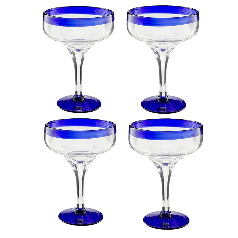 Mexican Hand Blown Glass – Set of 4 Large 16oz, Cobalt Blue Rim Line, Luxury Margarita & Cocktail Glasses, Mexico Design Large 16oz Cobalt Cinco de Mayo - The Wine Savant, Dishwasher Safe Glassware