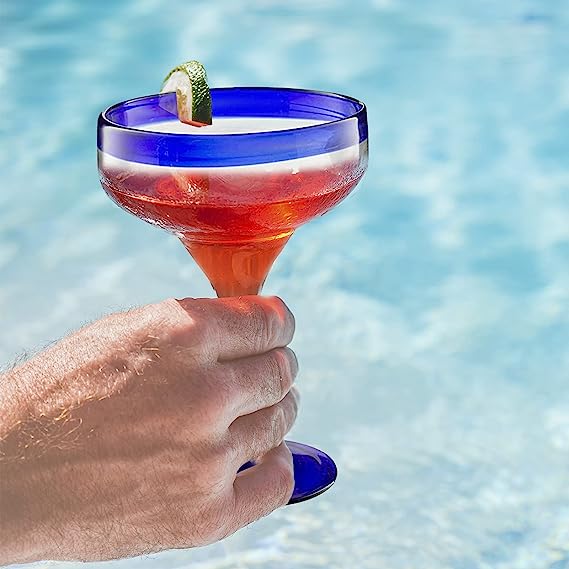 Mexican Hand Blown Glass – Set of 4 Large 16oz, Cobalt Blue Rim Line, Luxury Margarita & Cocktail Glasses, Mexico Design Large 16oz Cobalt Cinco de Mayo - The Wine Savant, Dishwasher Safe Glassware