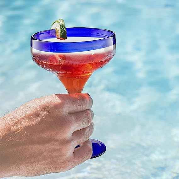 Mexican Hand Blown Glass – Set of 4 Large 16oz, Cobalt Blue Rim Line, Luxury Margarita & Cocktail Glasses, Mexico Design Large 16oz Cobalt Cinco de Mayo - The Wine Savant, Dishwasher Safe Glassware