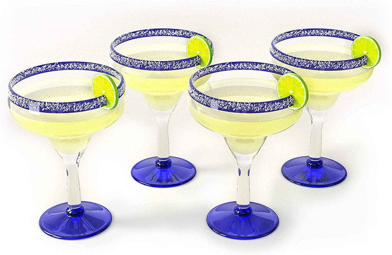 Mexican Hand Blown Glass – Set of 4 Large 16oz, Cobalt Blue Rim Line, Luxury Margarita & Cocktail Glasses, Mexico Design Large 16oz Cobalt Cinco de Mayo - The Wine Savant, Dishwasher Safe Glassware