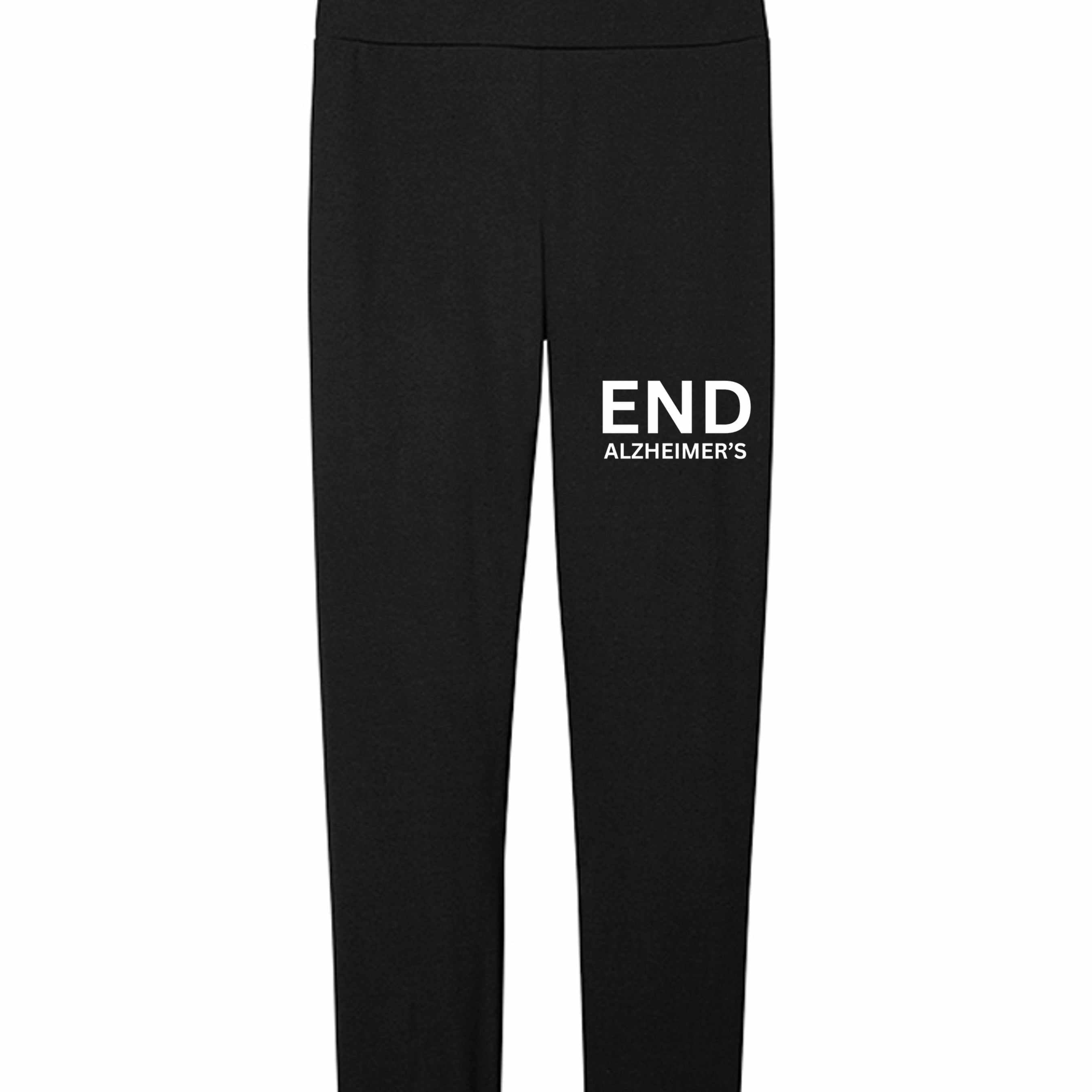 Black End Alzheimer's women's flex high-waist leggings with white text on the right leg
