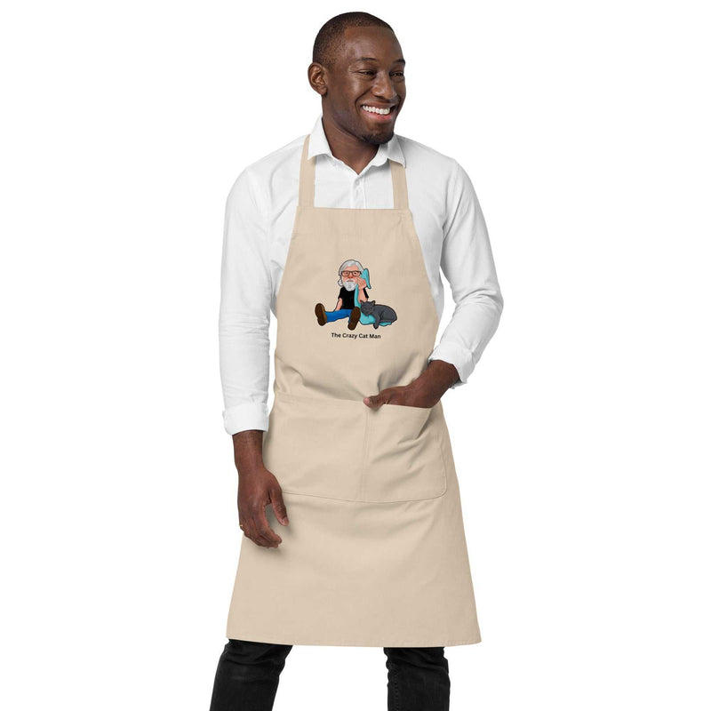 Crazy Cat Man organic cotton apron with front pockets and adjustable straps for kitchen use