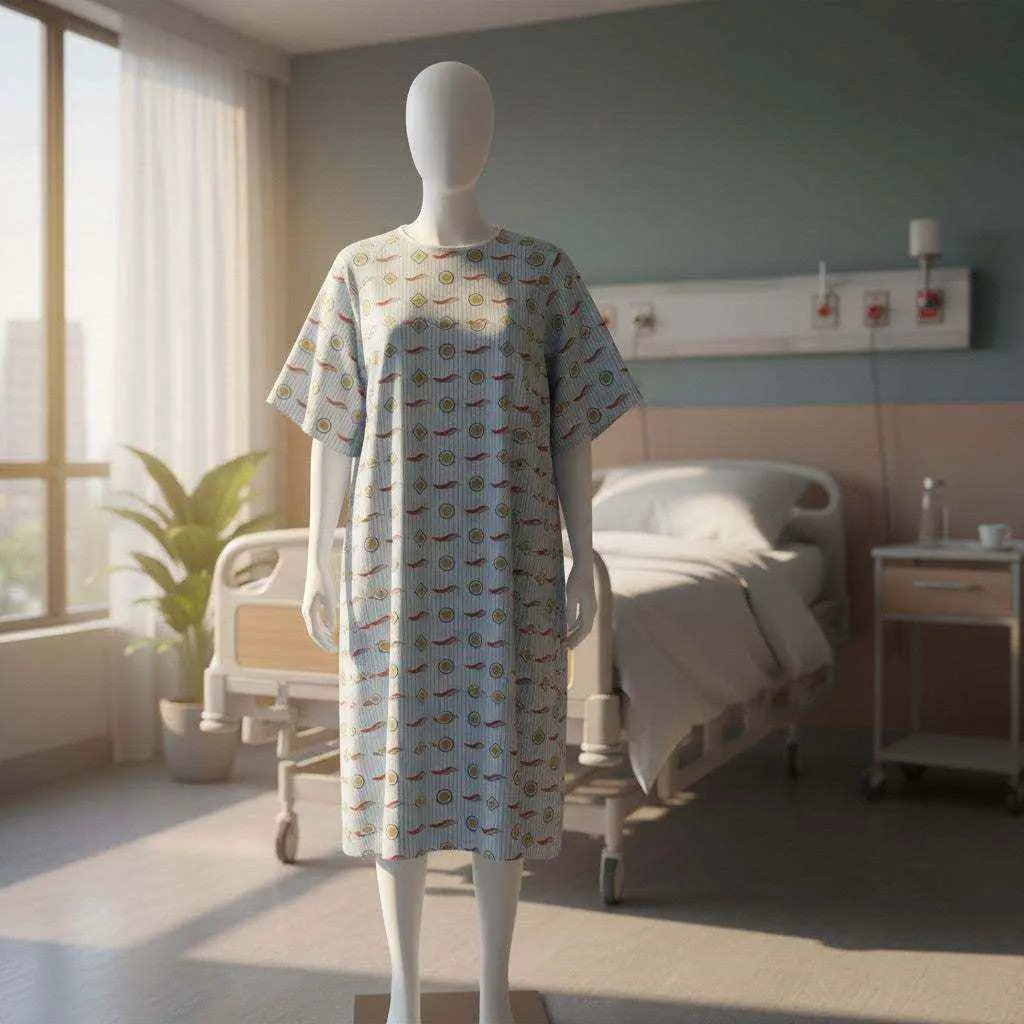 Blue twill patient gown with wave print from Rifz Textiles Inc, designed for comfort in healthcare or home settings
