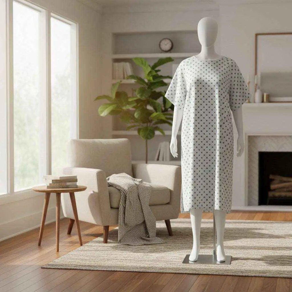 Set of white patient gowns with blue print by Rifz Textiles Inc, made of twill fabric, suitable for healthcare or home use.