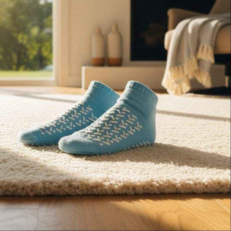 Healthcare patient slipper socks by Rifz Textiles Inc, featuring soft fabric and non-slip soles for comfort and stability.