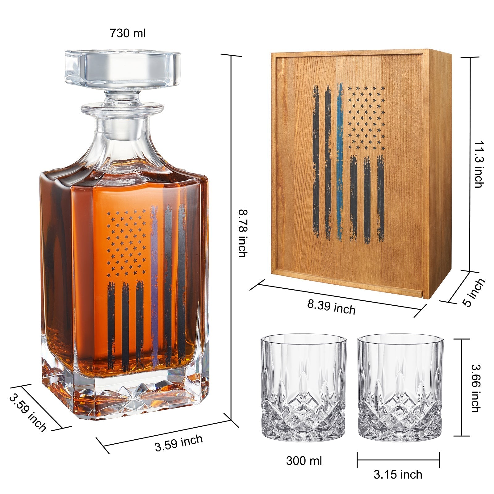Police Tactical Blue Tattered American Flag Whiskey Decanter Gift Set | 730mL Decanter 2 Whiskey Glass | Law Enforcement Gift for Police Officer, Blue Rights, 2nd Amendment Gifts, PD Men, Dad, Him