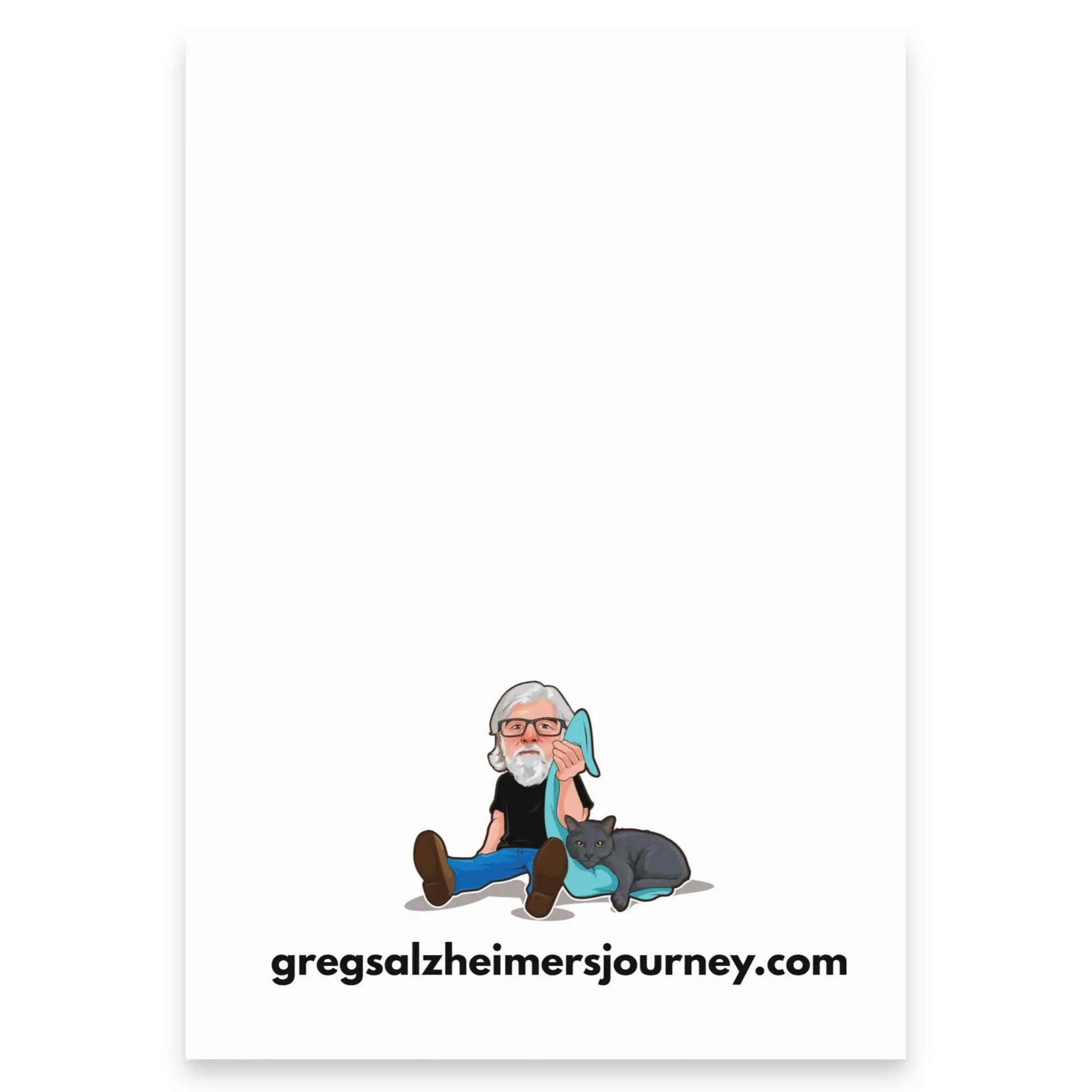 White Cat Man Alzheimer's note pad postcard from Greg's AZ Store with 4x6 size and front view.