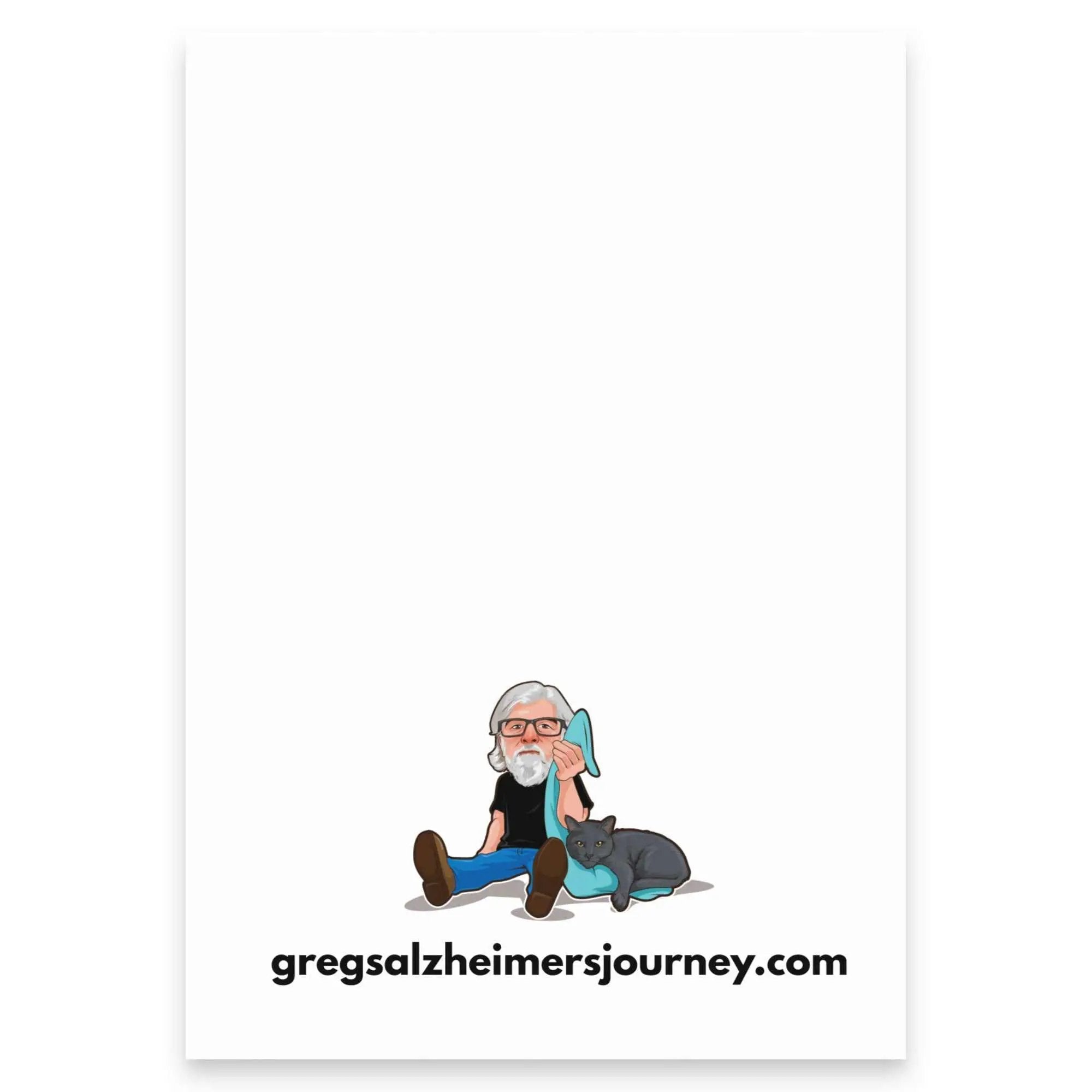 White Cat Man Alzheimer's note pad postcard from Greg's AZ Store with 4x6 size and front view.