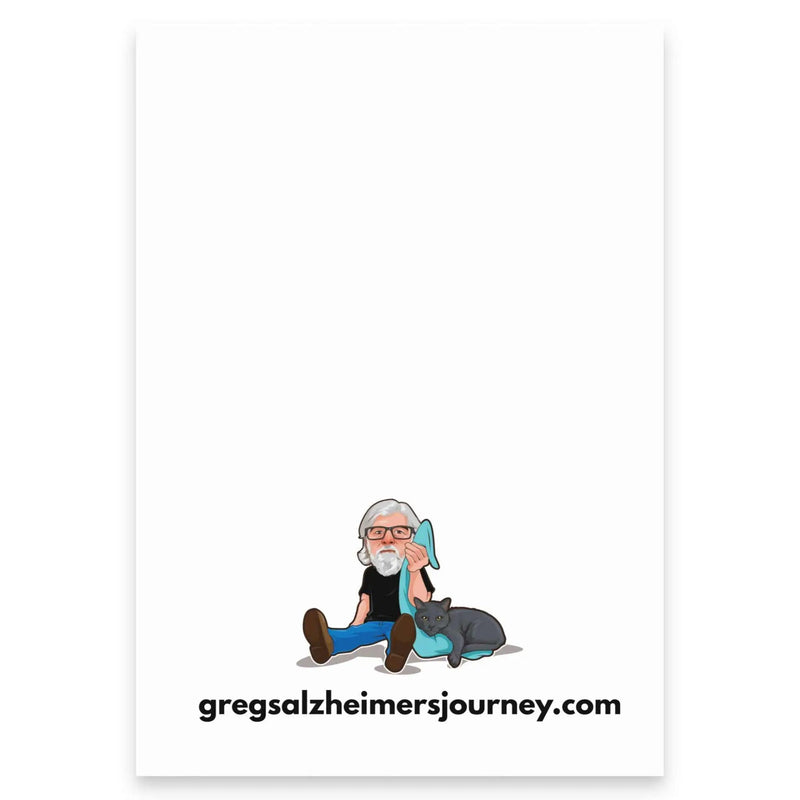 White Cat Man Alzheimer's note pad postcard from Greg's AZ Store with 4x6 size and front view.