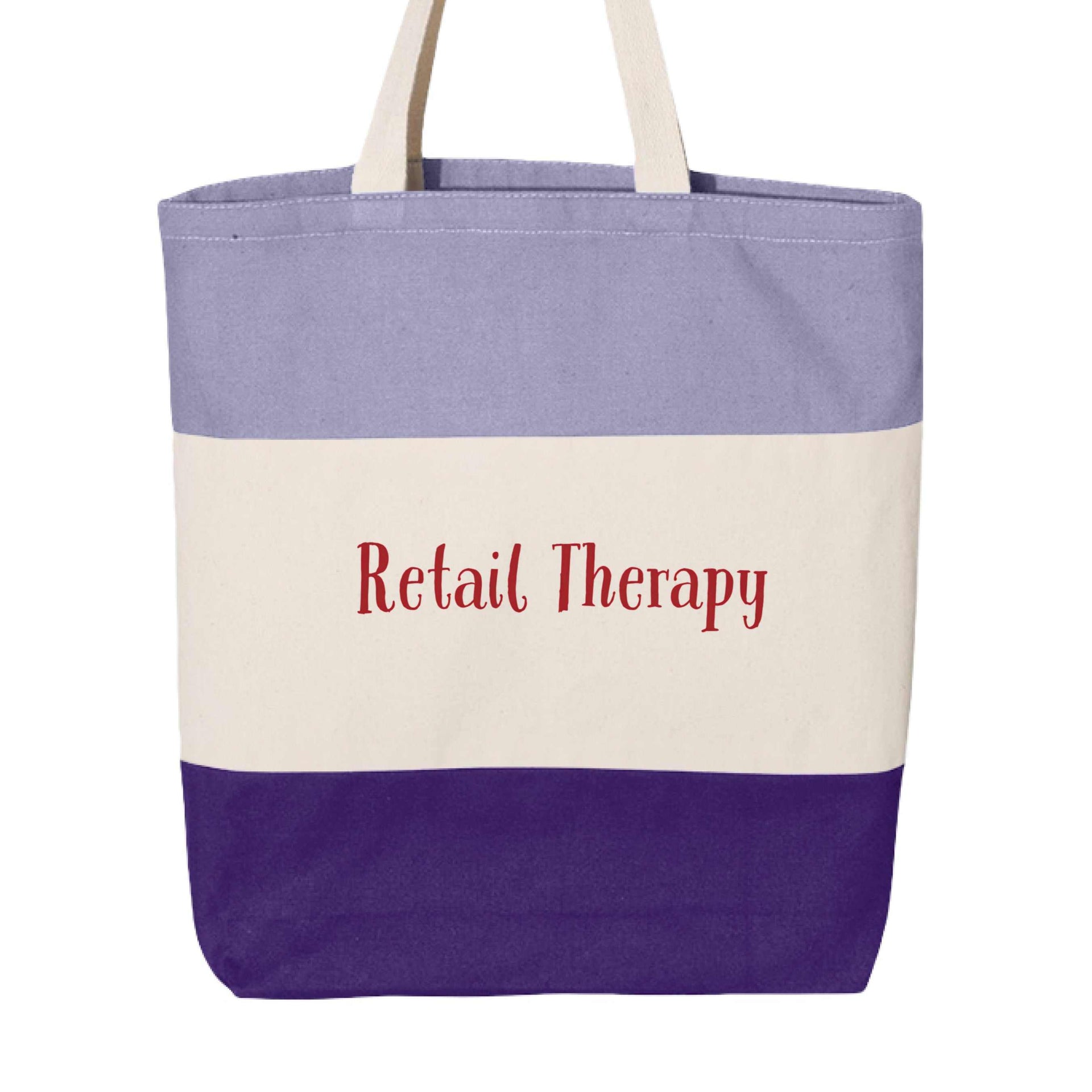 Retail Therapy tri-color tote bag made of 12 oz heavy cotton canvas with 20-inch natural webbed handles and 8-inch handle drop