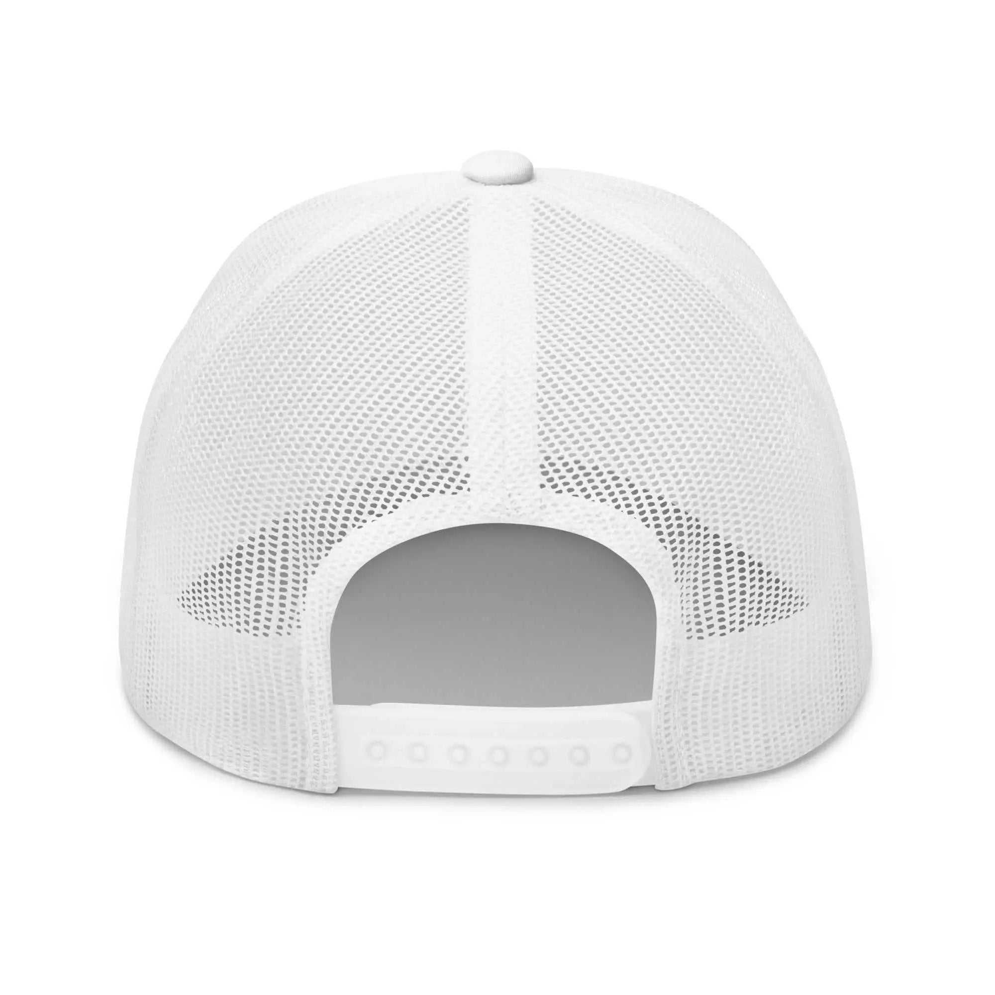 Back view of white Alzheimer's Embroidered Trucker Cap with adjustable snapback closure