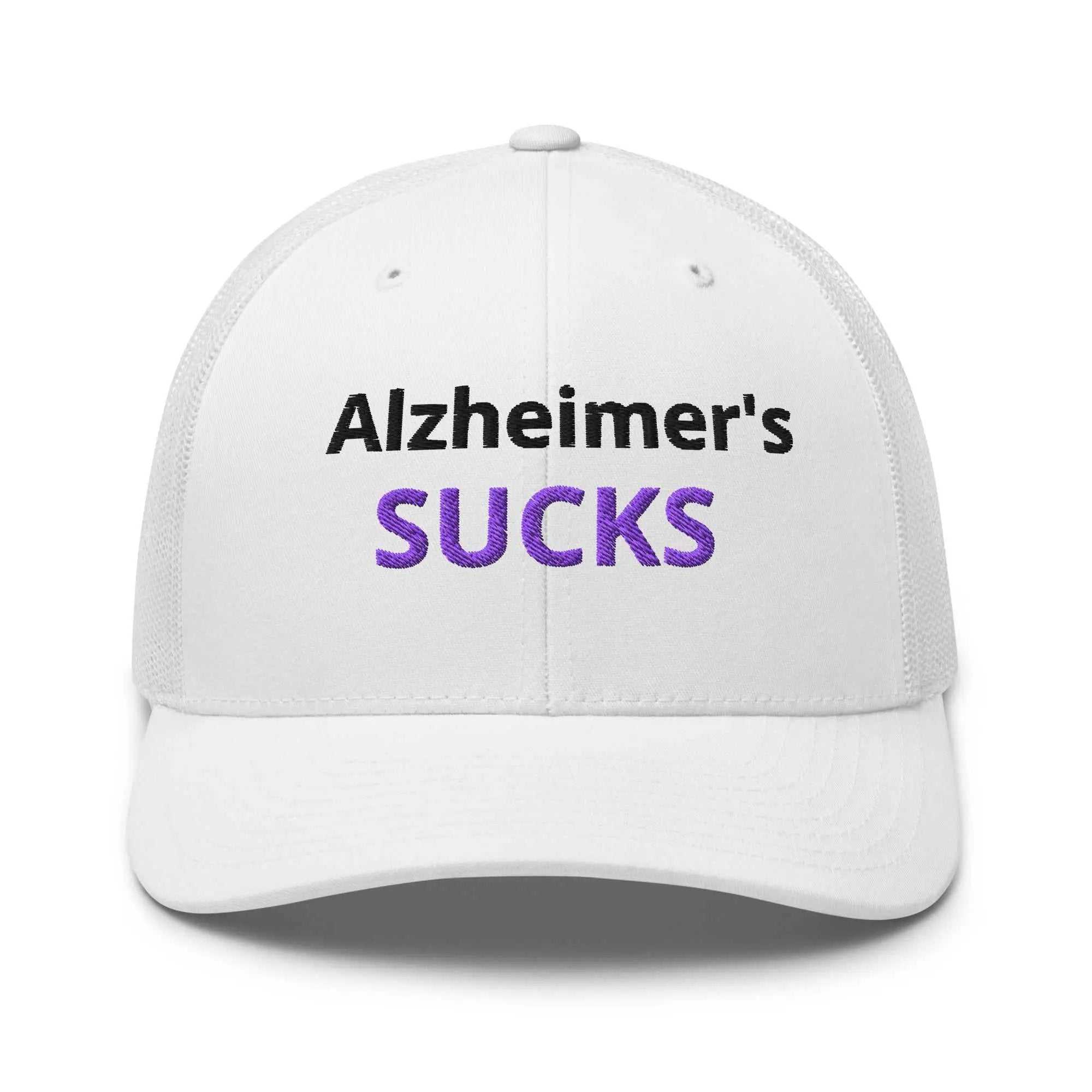 White Alzheimer's embroidered trucker cap with black and purple text
