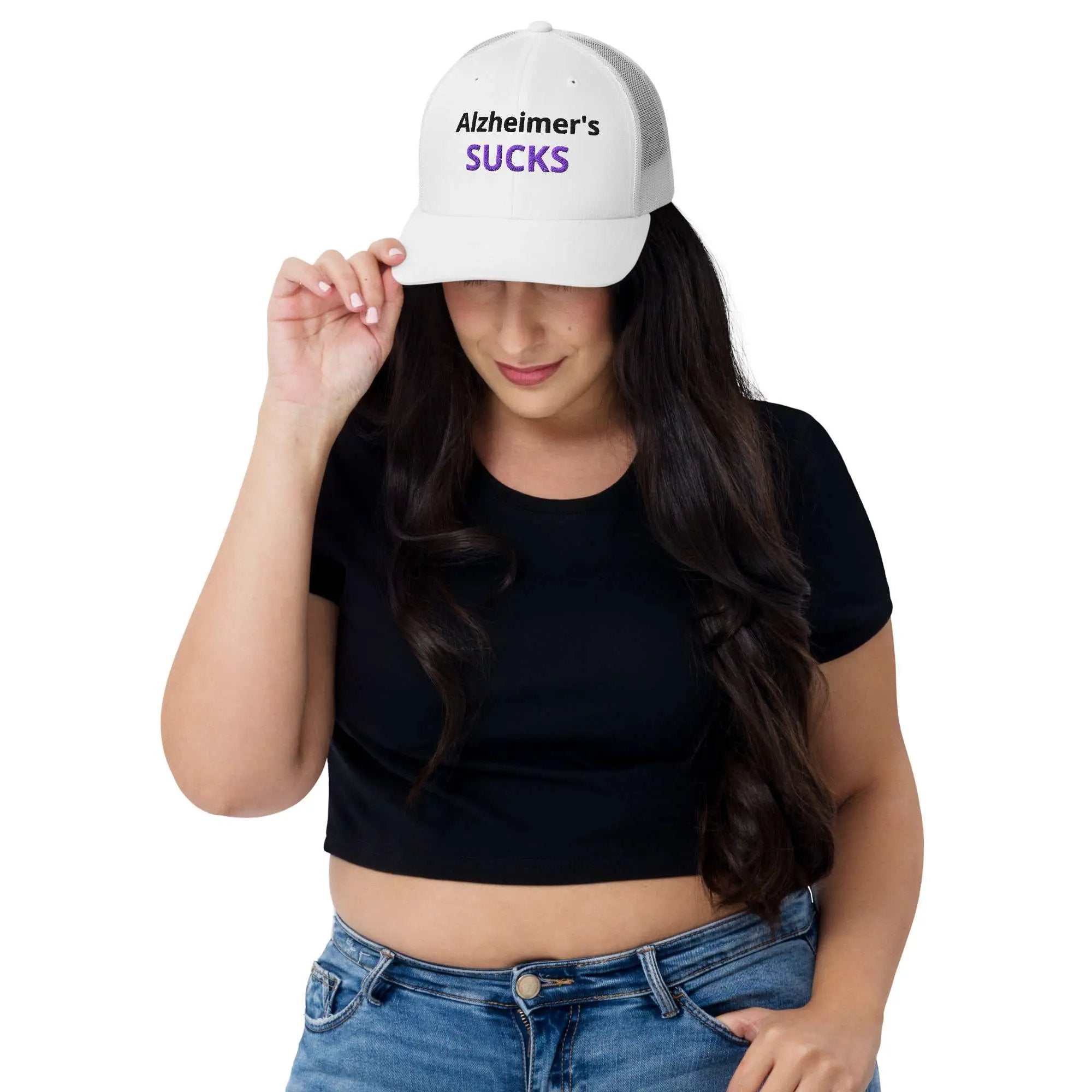 White embroidered Alzheimer's support trucker cap with front panel design, featuring retro style and adjustable mesh back.