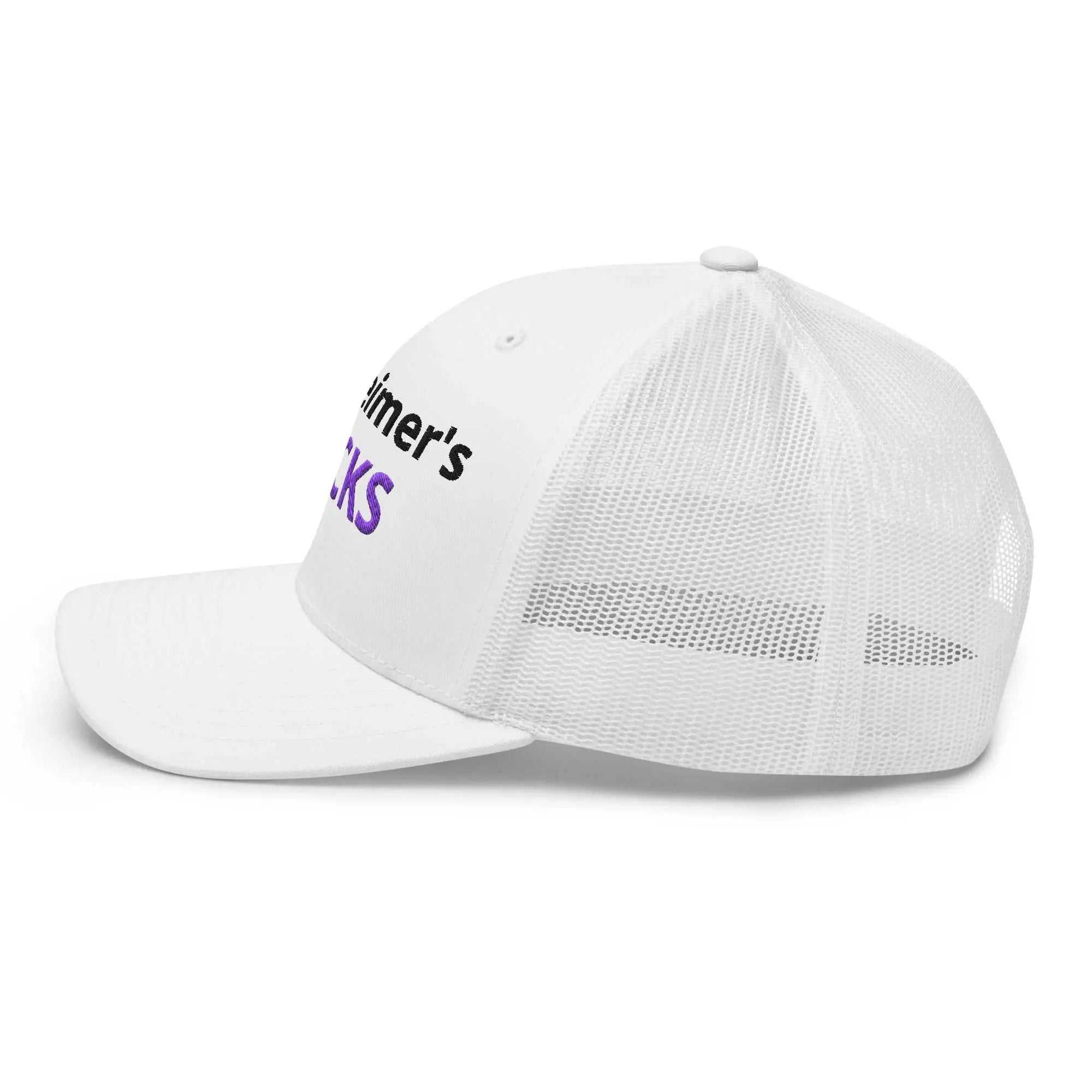 White Alzheimer's embroidered trucker cap with black and purple text