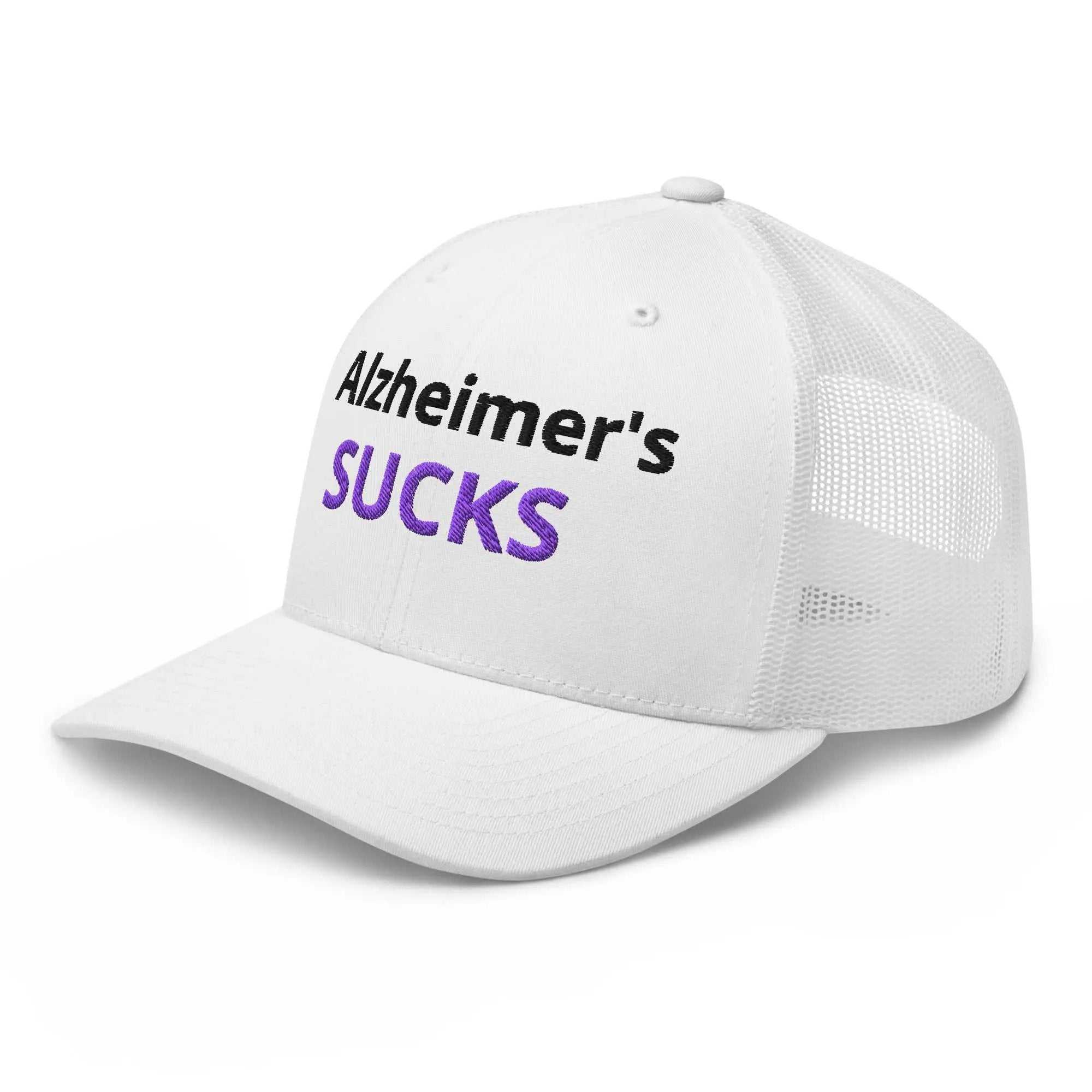 White Alzheimer's Embroidered Trucker Cap with black and purple text
